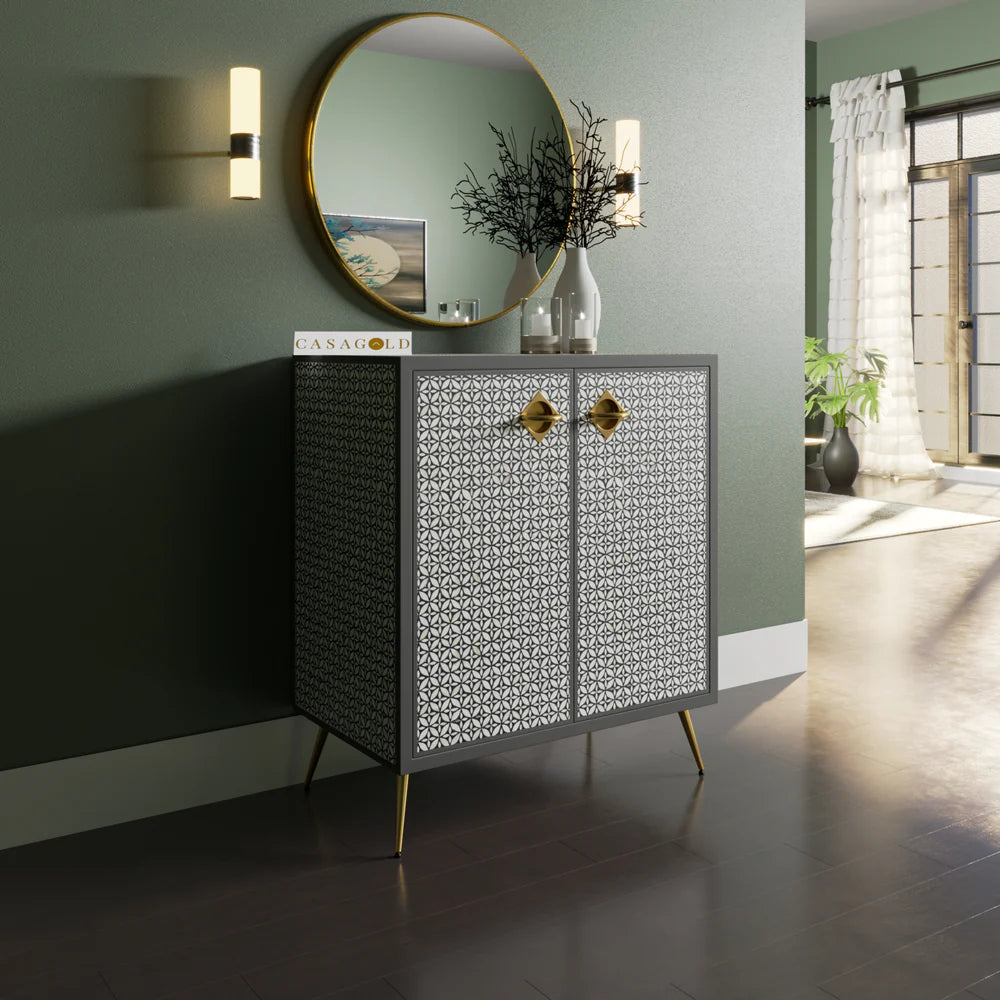 CasaGold geometric-patterned cabinet with gold accents and a round mirror, adding elegance to a modern living room interior.