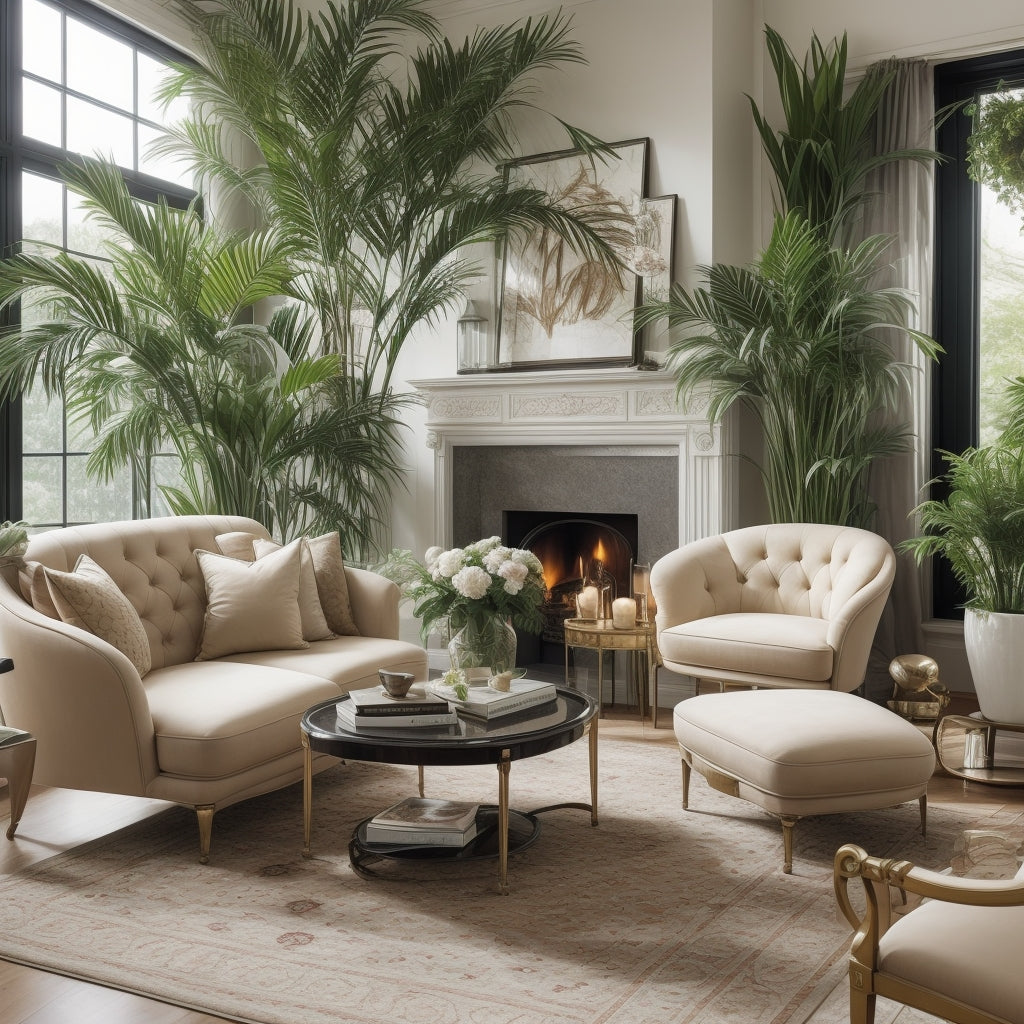 Elegant velvet chair with a tufted backrest and matching ottoman in a modern living room with a rug, side table, and indoor plant in natural light.