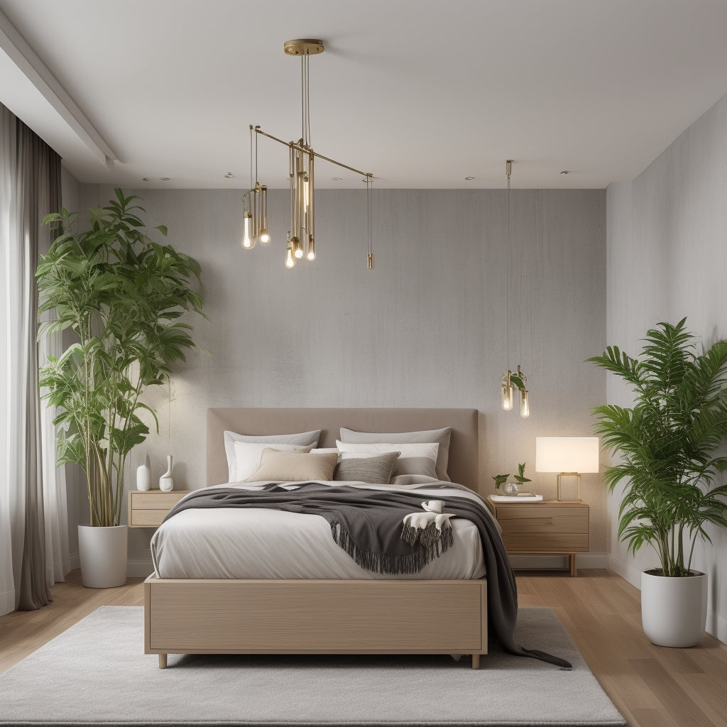 a sleek platform bed with built-in storage, floating nightstands, a modular wardrobe with a mirrored finish, and layered lighting for a cozy, contemporary aesthetic. Neutral tones are complemented by greenery and stylish textures.