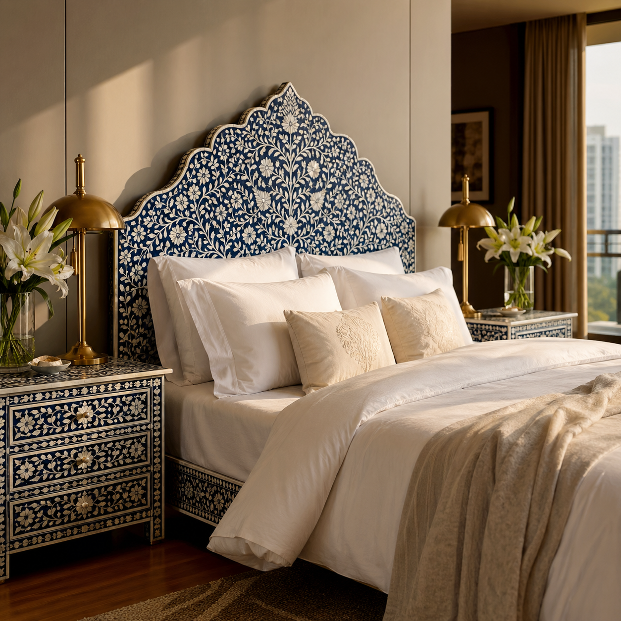 Handcrafted Bone Inlay Bed Headboard India | CasaGold Luxury