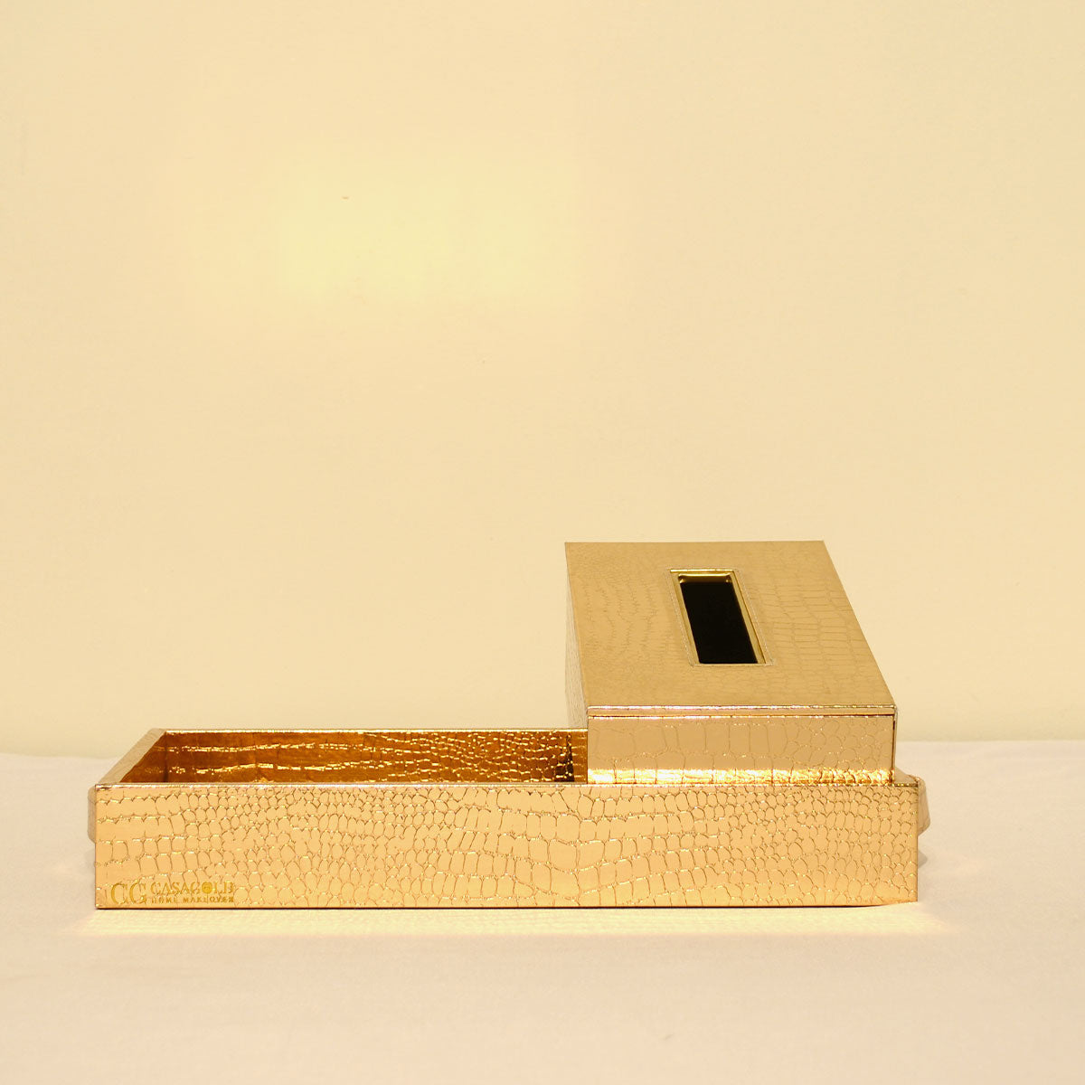 Leather tray with Tissue box Nude Croco