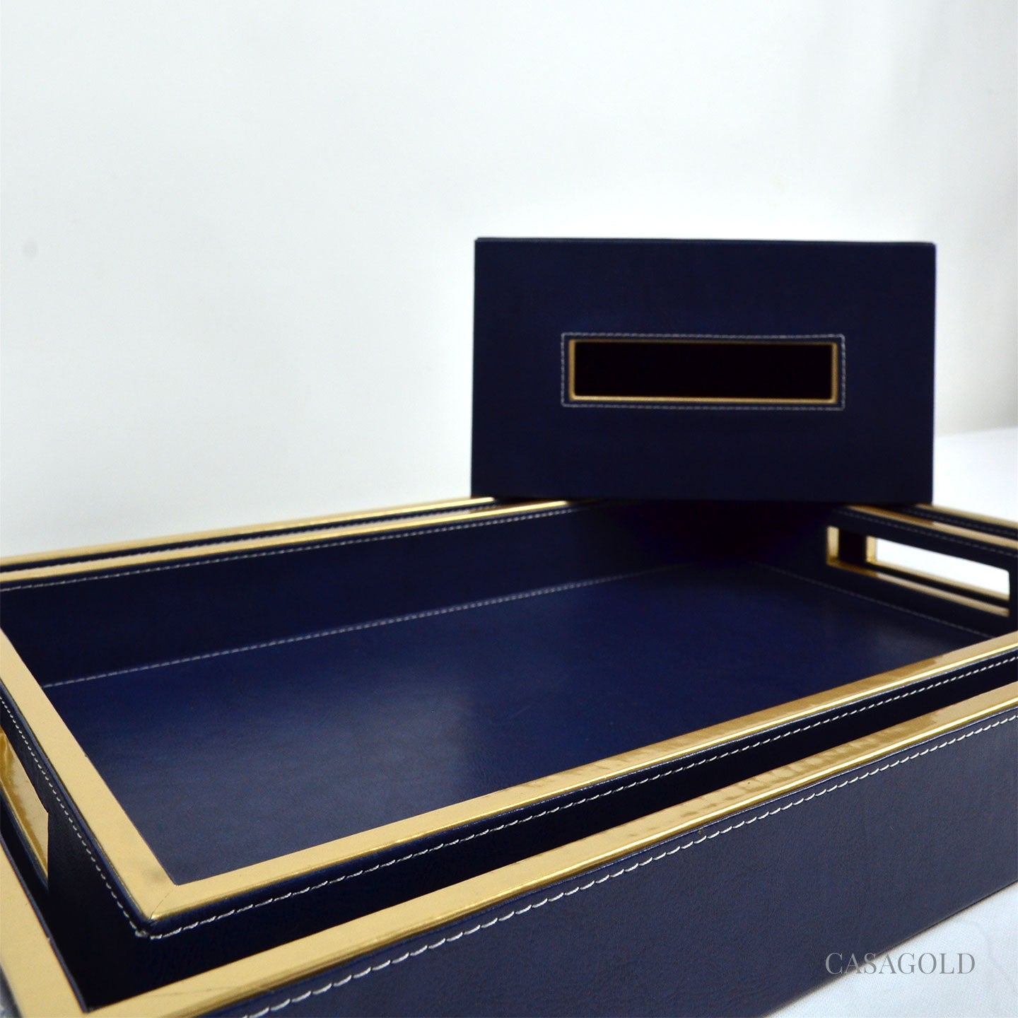 Set of 2 Leather Tray II Tissue Holder Set - Blue