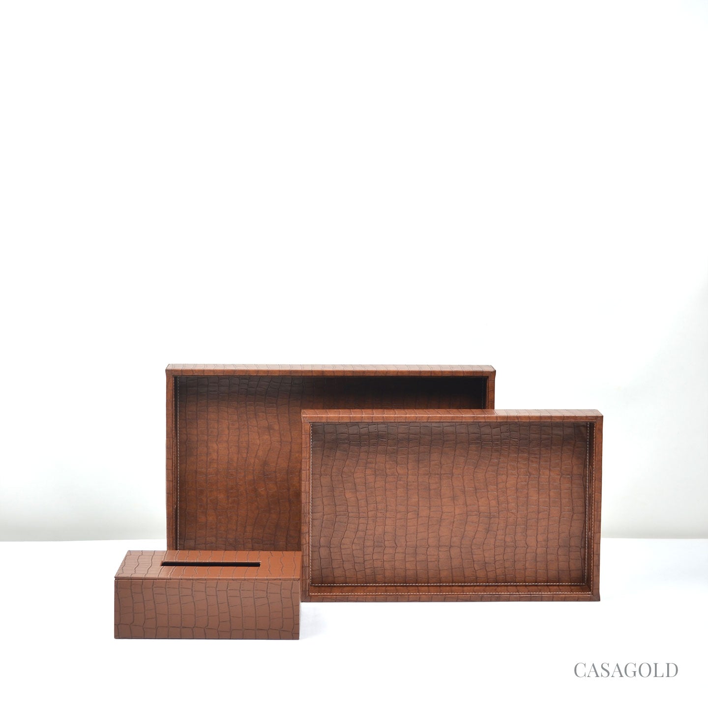 Set of 2 Leather Tray II Tissue Holder Set - Tan