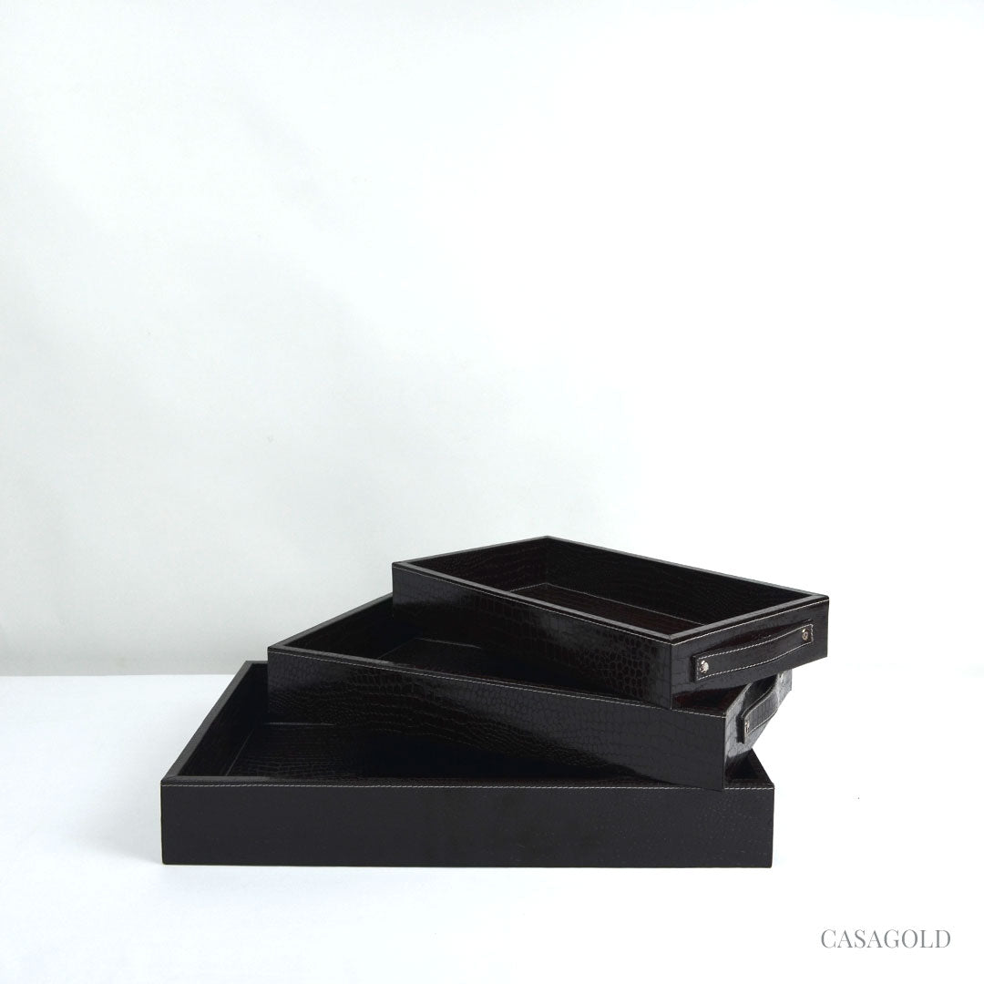 Mahogany Leather Tray - Set Of 3