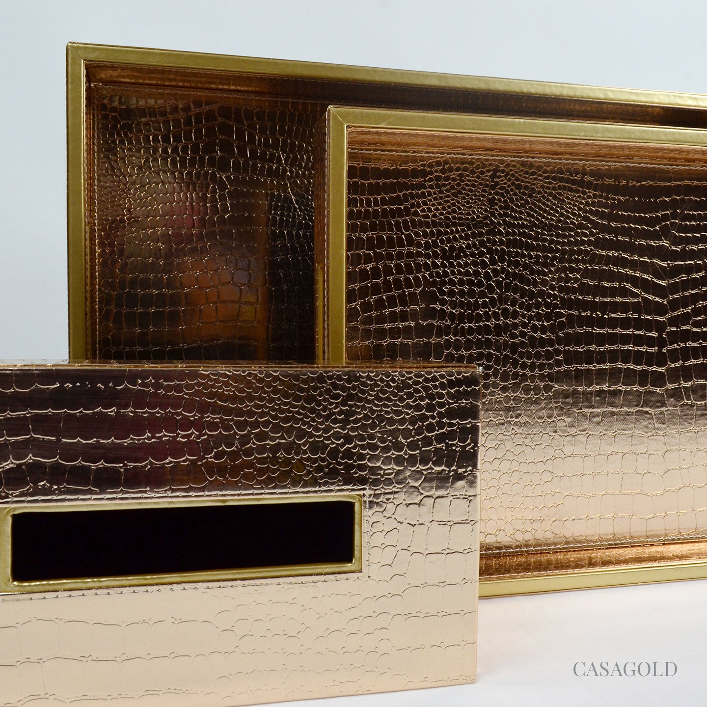 Set of 2 Leather Tray II Tissue Holder Set - Rose Gold