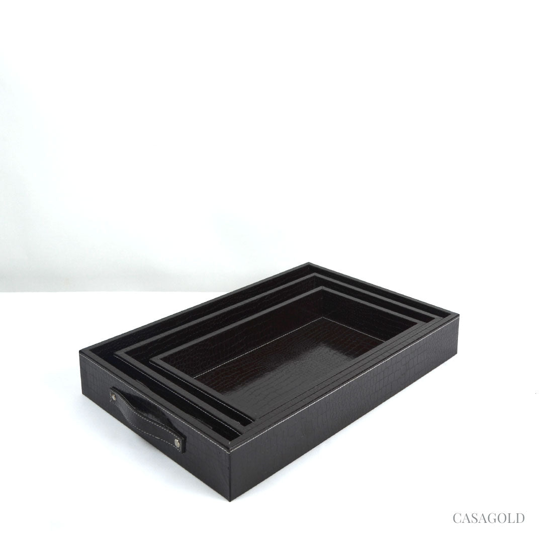 Mahogany Leather Tray - Set Of 3