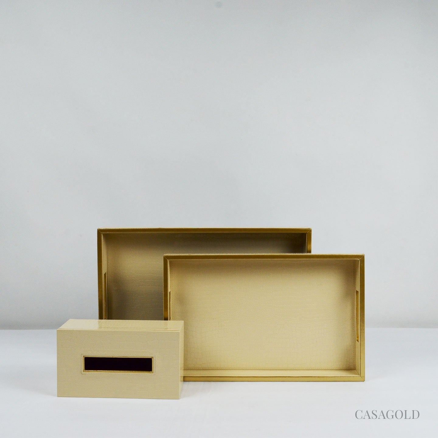 Set of 2 Leather Tray II Tissue Holder Set - Cream Twill