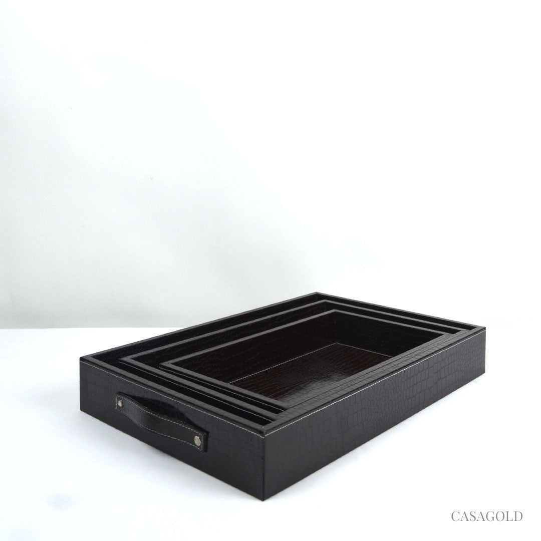 Mahogany Leather Tray - Set Of 3