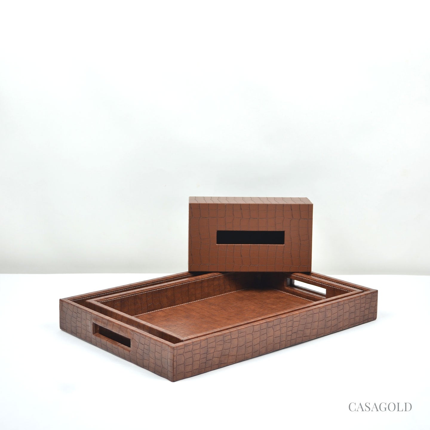 Set of 2 Leather Tray II Tissue Holder Set - Tan
