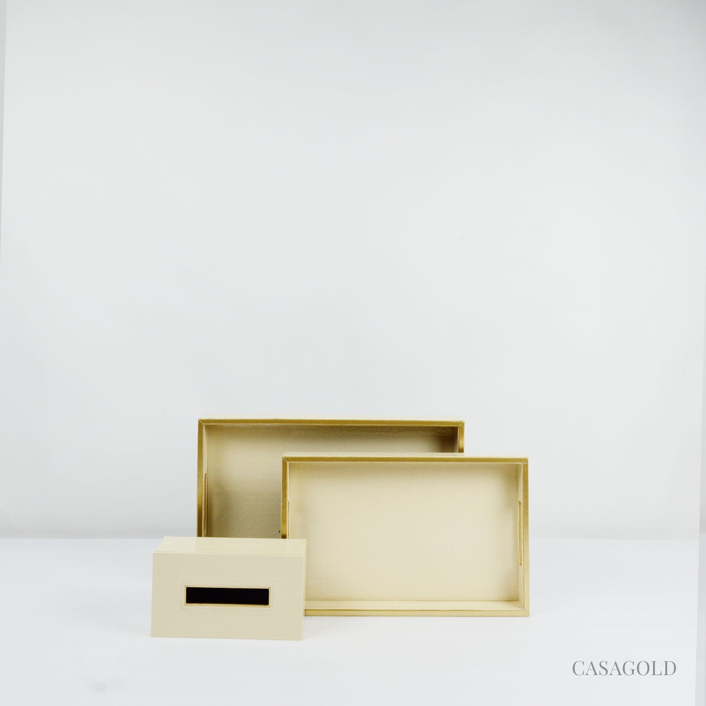 Set of 2 Leather Tray II Tissue Holder Set - Cream Twill