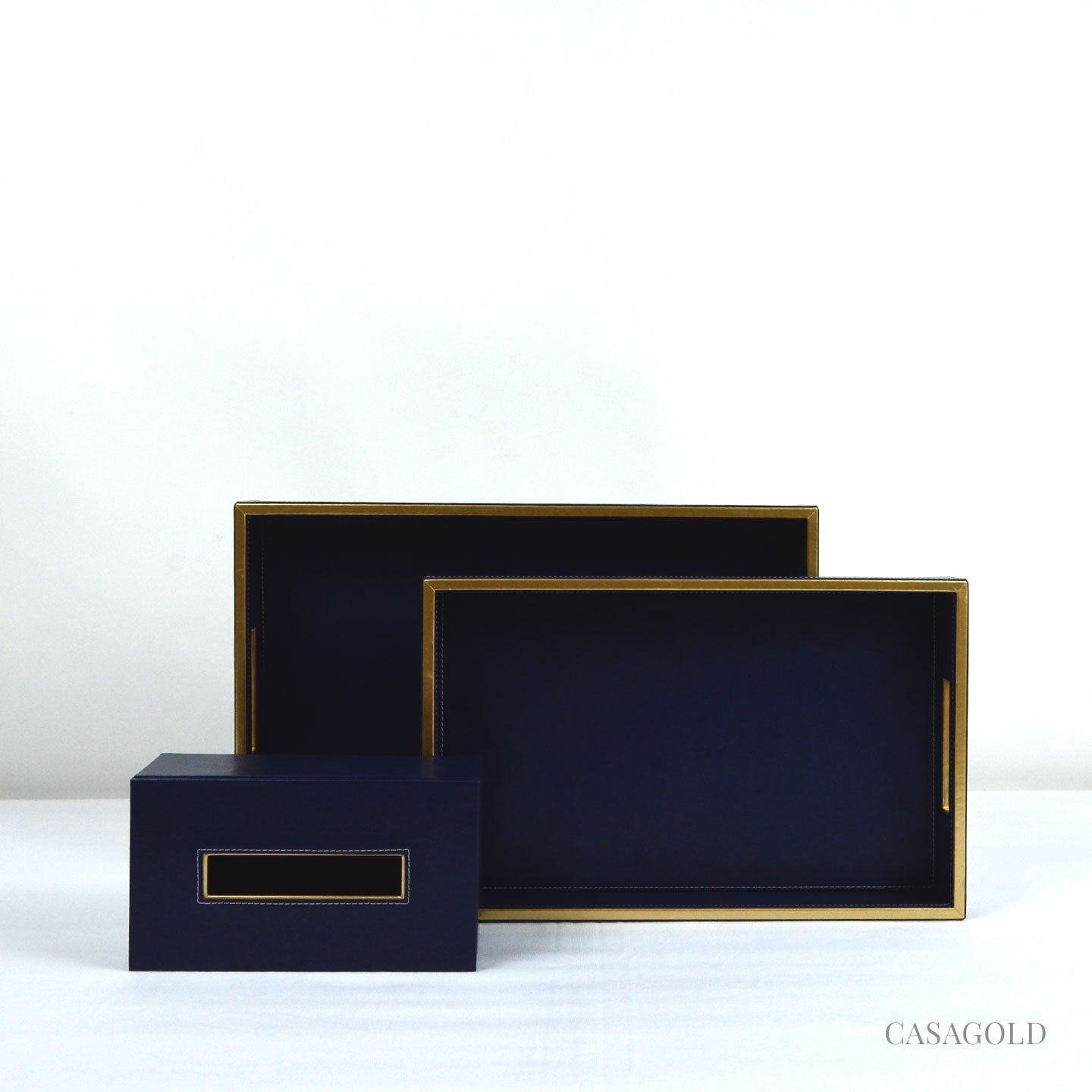 Set of 2 Leather Tray II Tissue Holder Set - Blue