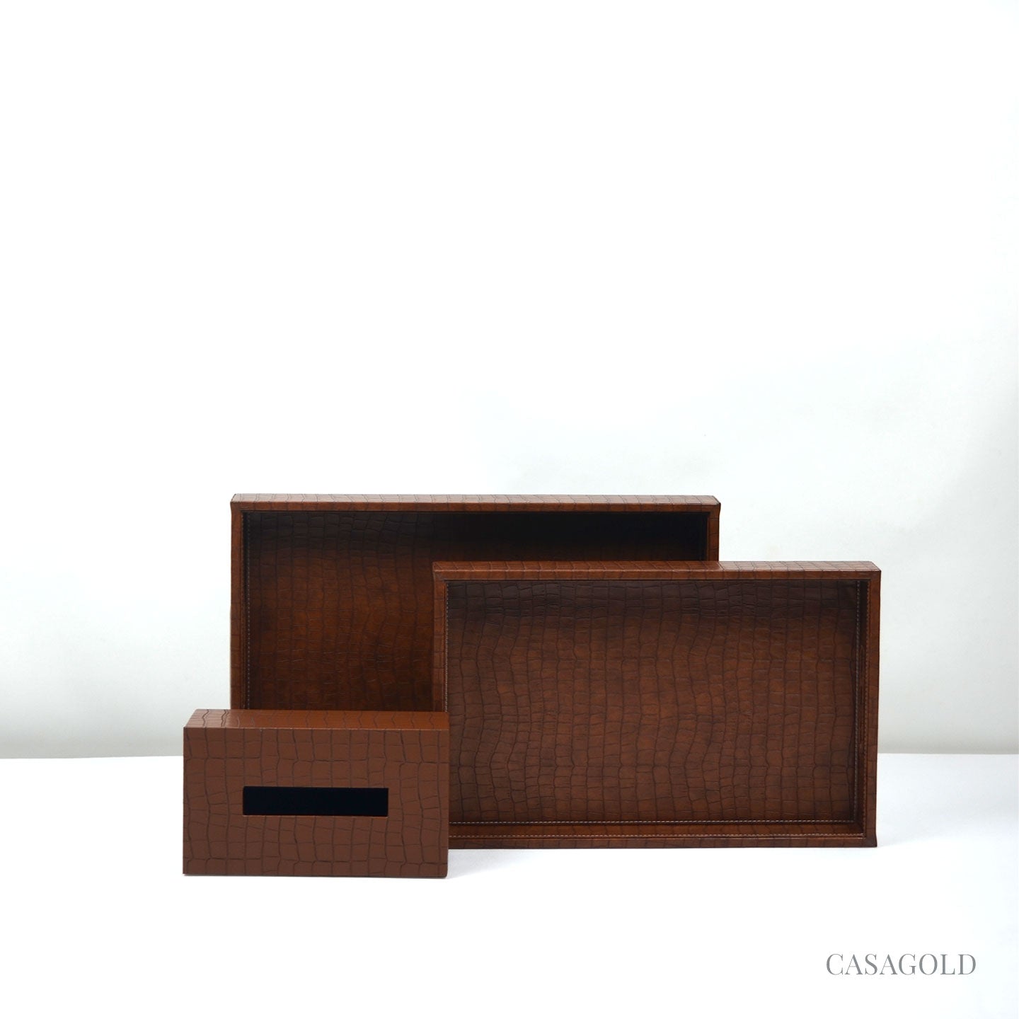 Set of 2 Leather Tray II Tissue Holder Set - Tan