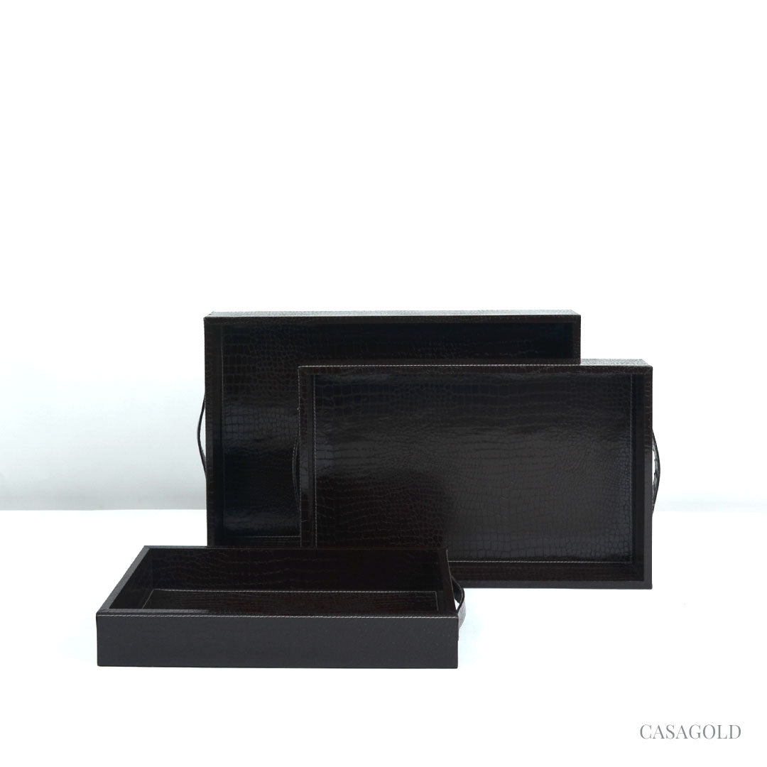 Mahogany Leather Tray - Set Of 3