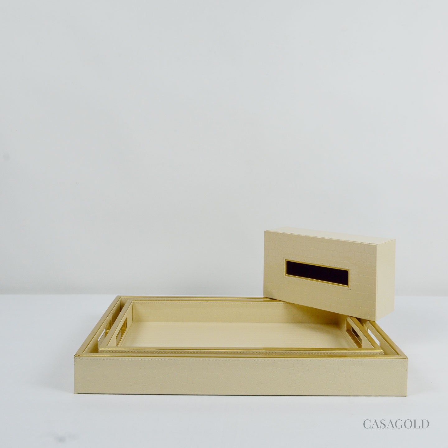Set of 2 Leather Tray II Tissue Holder Set - Cream Croco