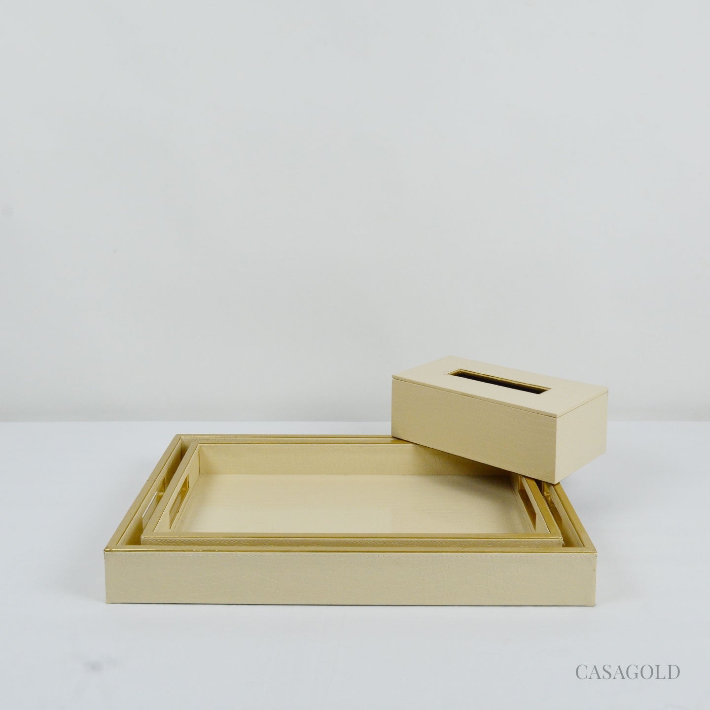 Set of 2 Leather Tray II Tissue Holder Set - Cream Croco