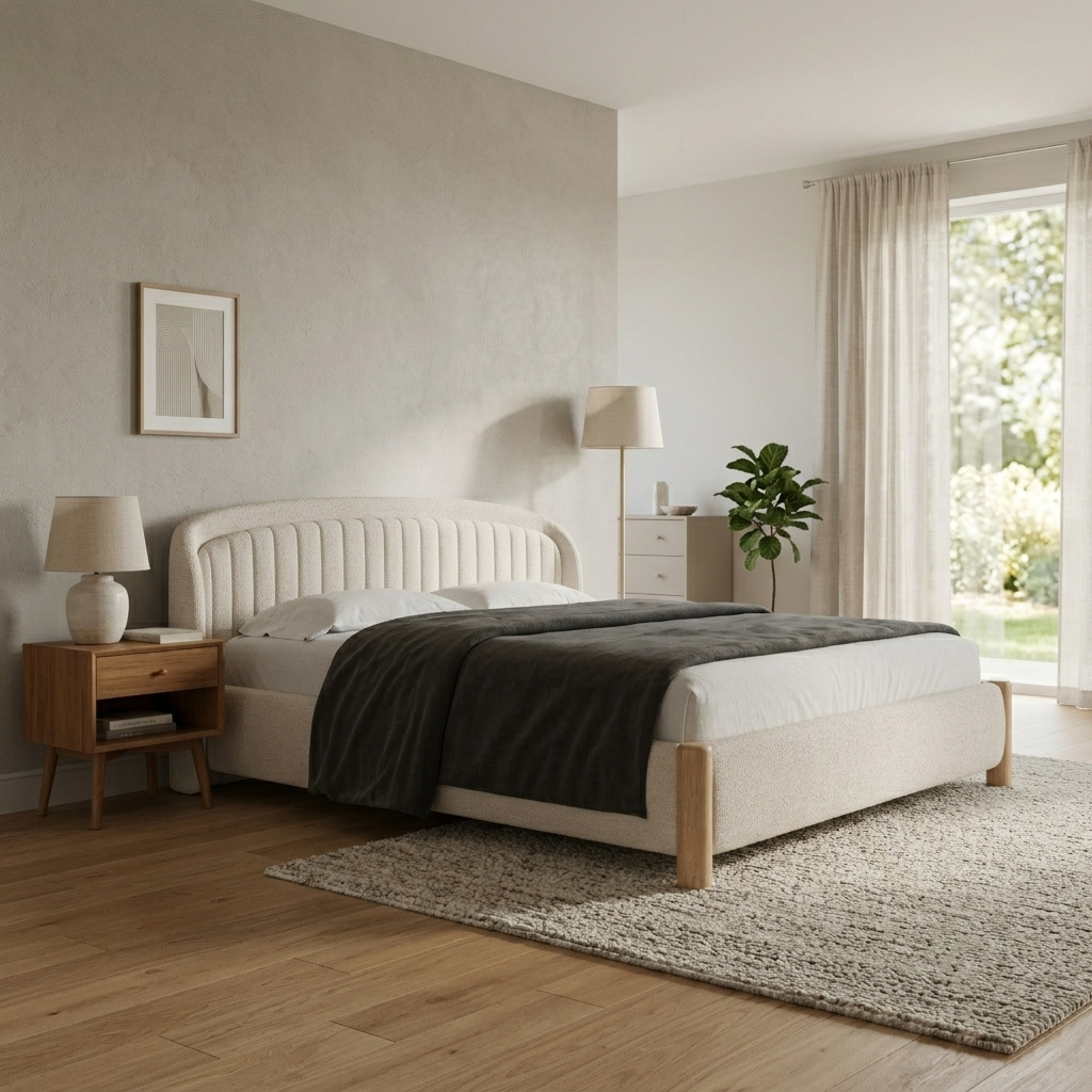 A modern upholstered bed with a tufted headboard and light wood legs, styled in a minimalist bedroom with a dark gray throw blanket, wooden nightstands, and a large window.