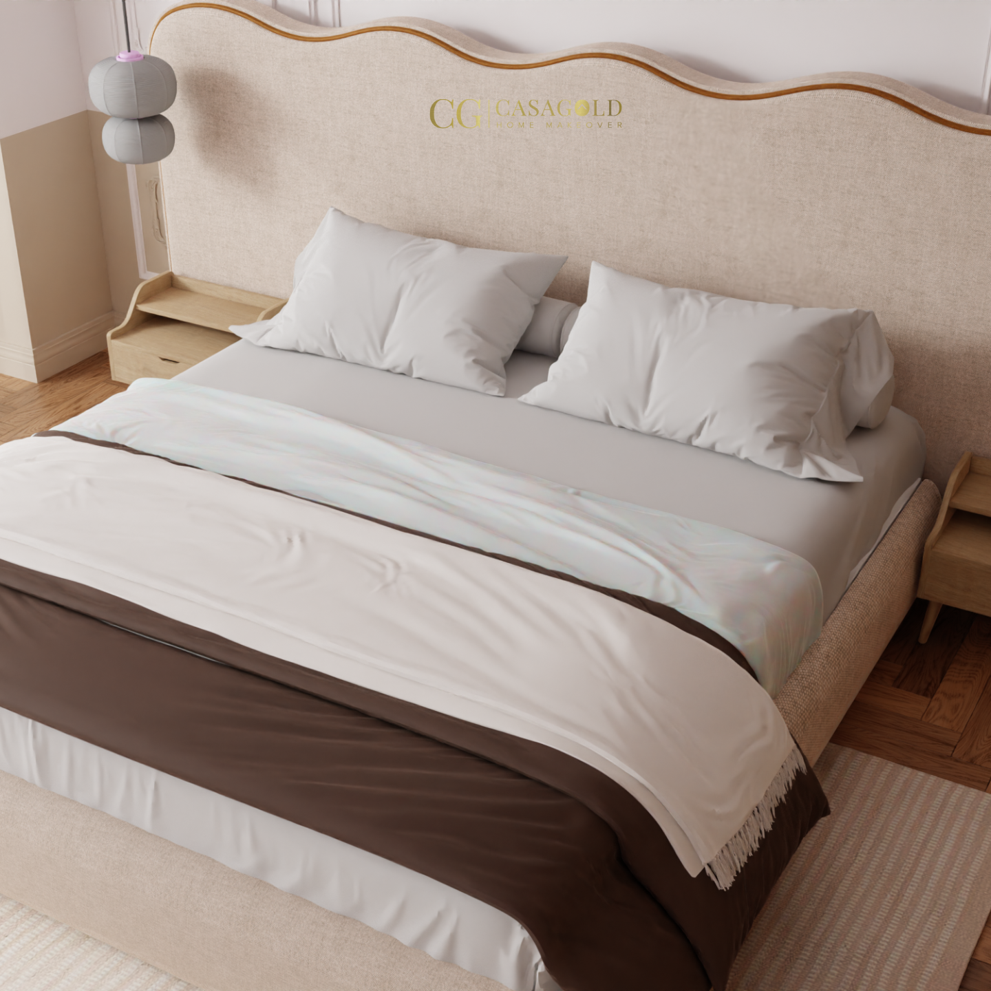 Luxurious Platform Bed with Extended Headboard and Elegant Design