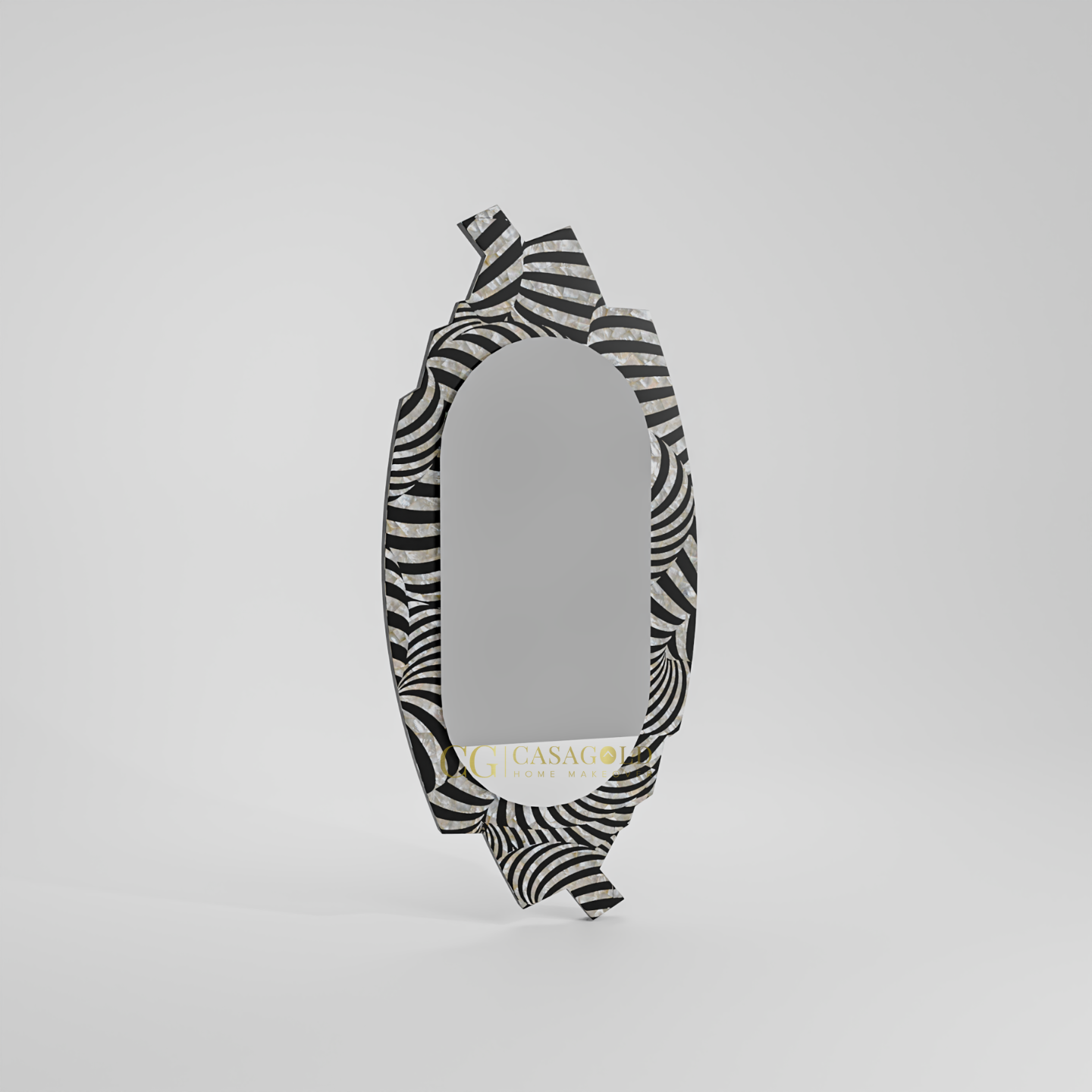 Oval wall mirror featuring an abstract sculpted frame with bold black and white zebra print design