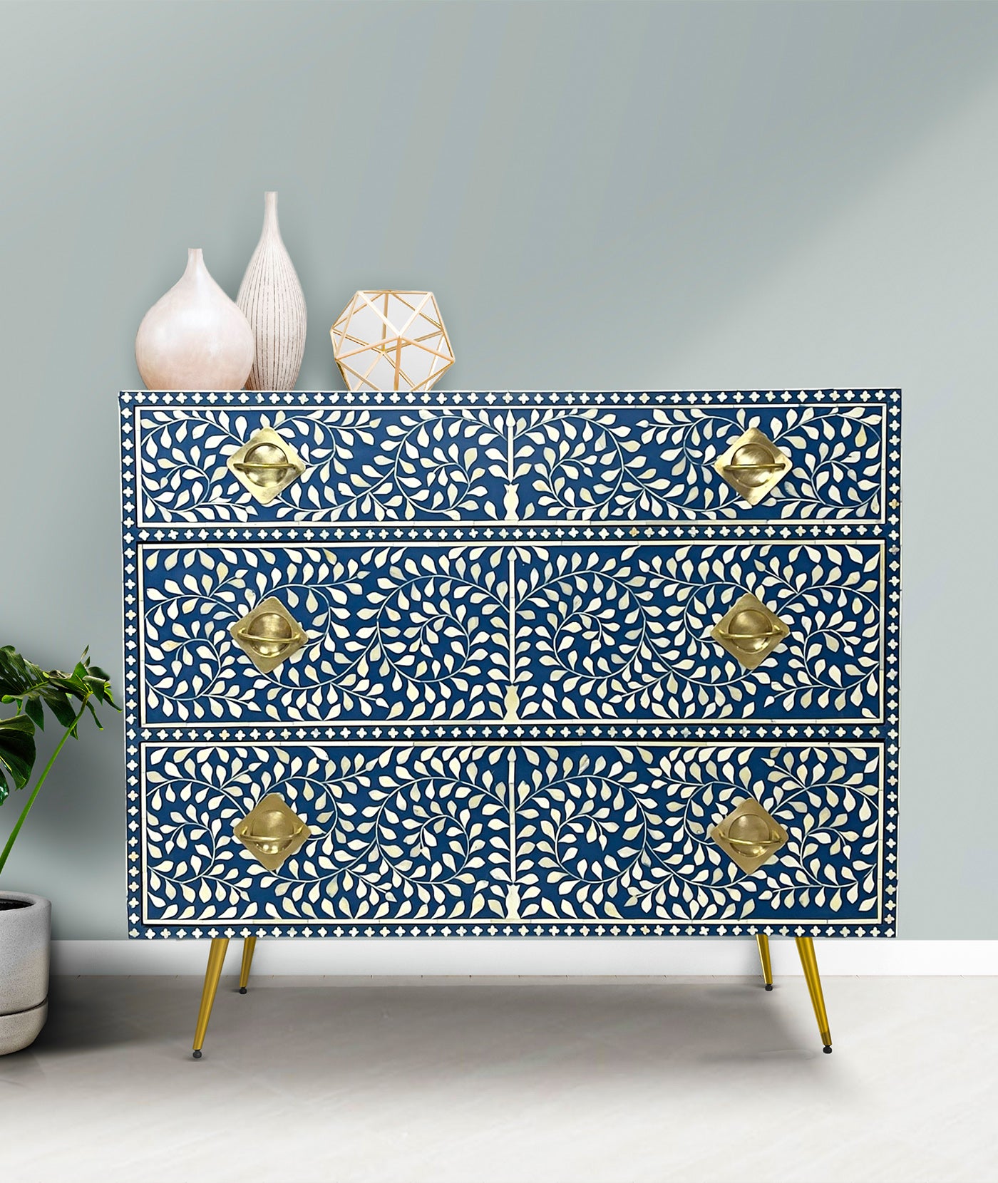 Antique Finish Bone Inlay Storage Chest