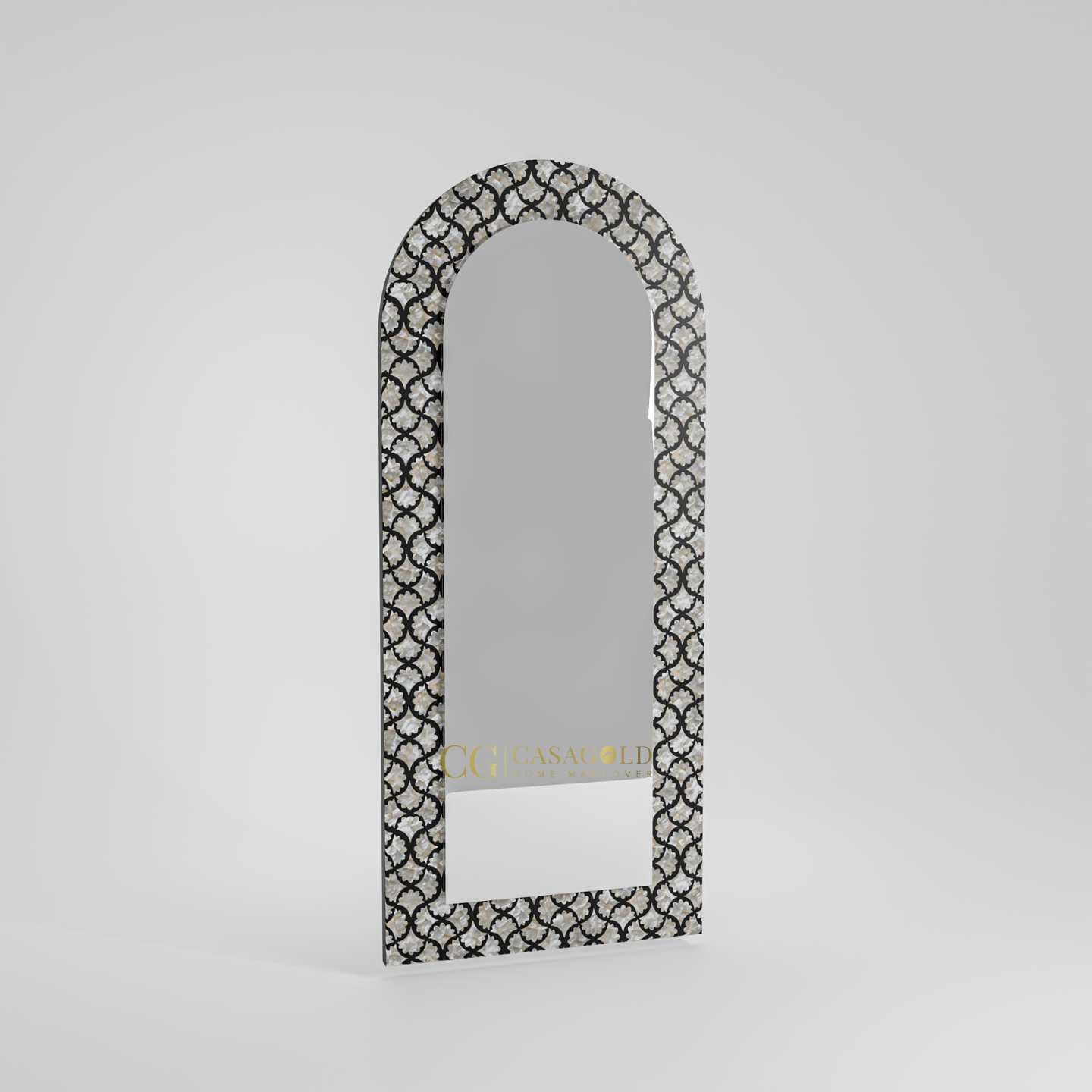 Arched decorative mirror featuring a black patterned lattice frame