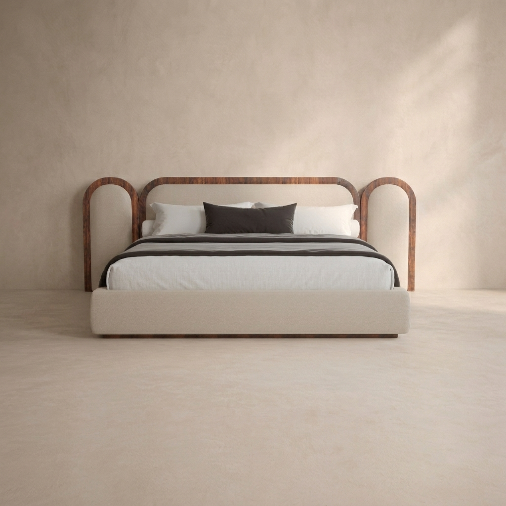 A modern platform bed with a low upholstered base and curved wooden headboard and footboard, styled with white bedding and two dark accent pillows against a textured beige wall and floor.