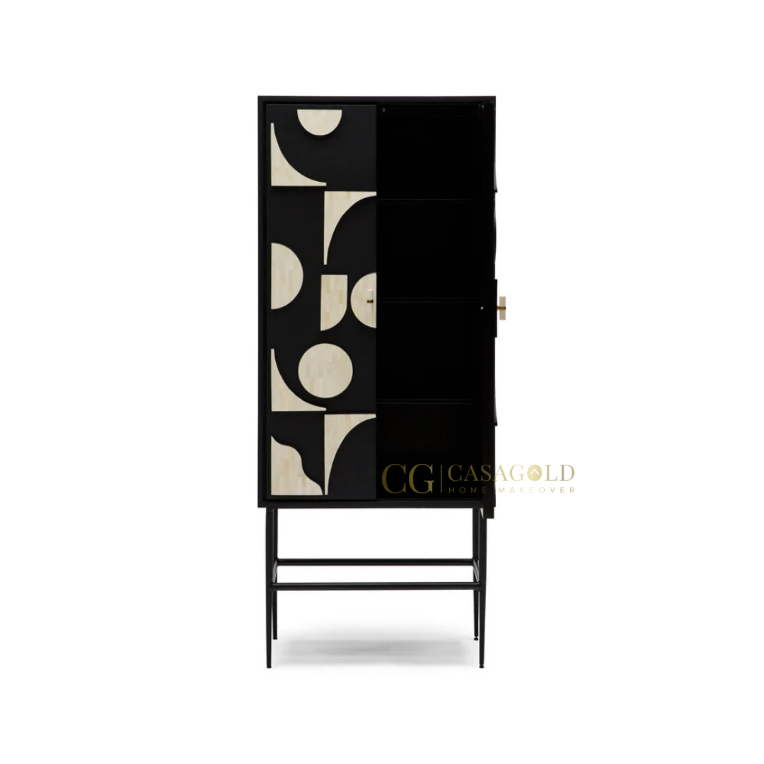 Elegant tall cabinet featuring black and ivory abstract geometric shapes on its doors.