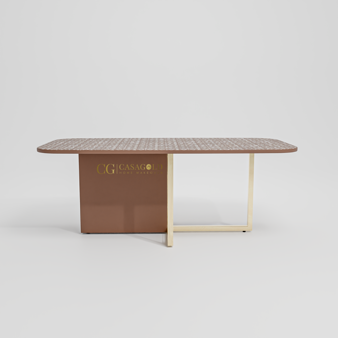 Geometrically inspired dining table with textured print and sculptural support for a sleek, modern dining experience.