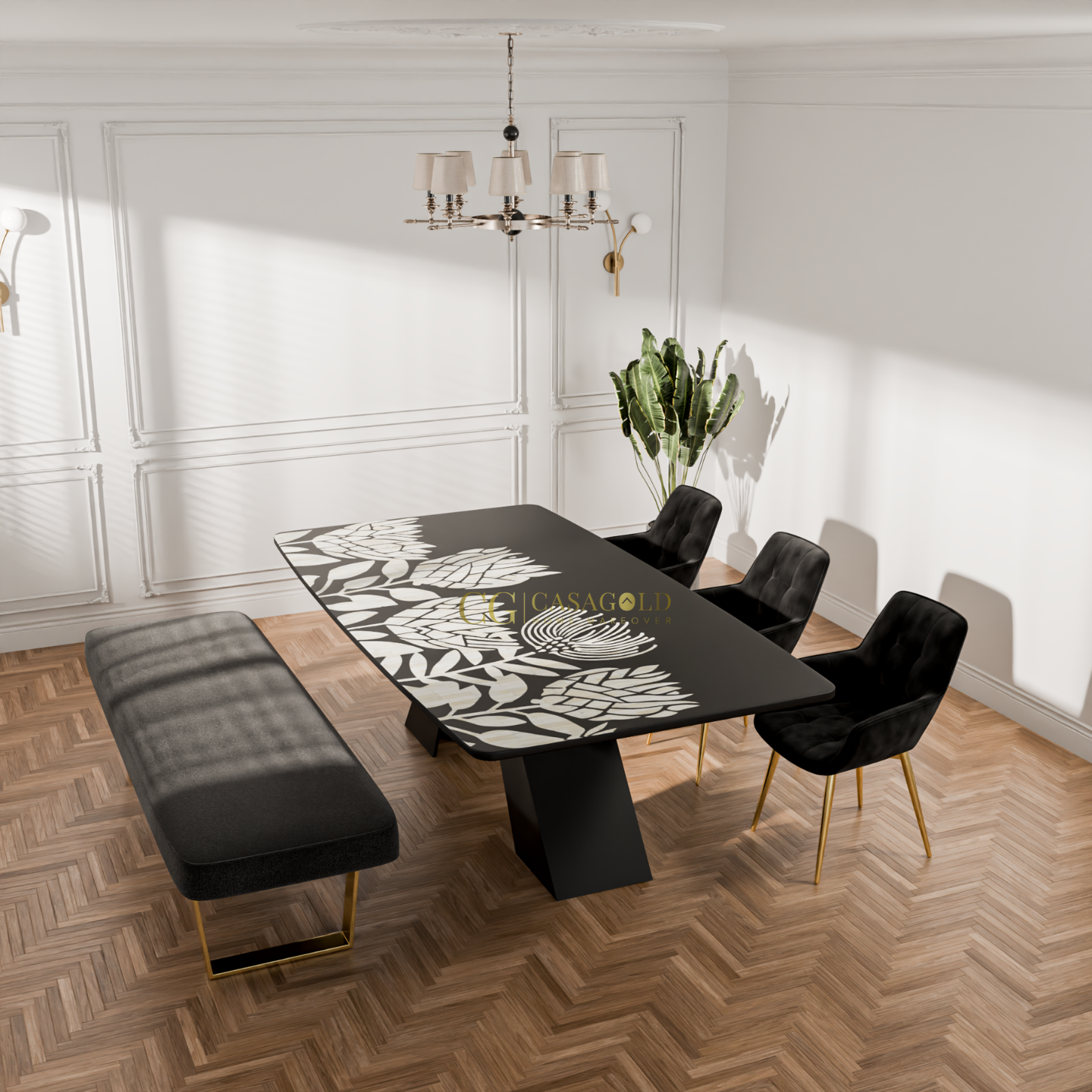 Elegant rectangular dining table featuring a dark top with intricate white floral inlay and bold angular base legs.
