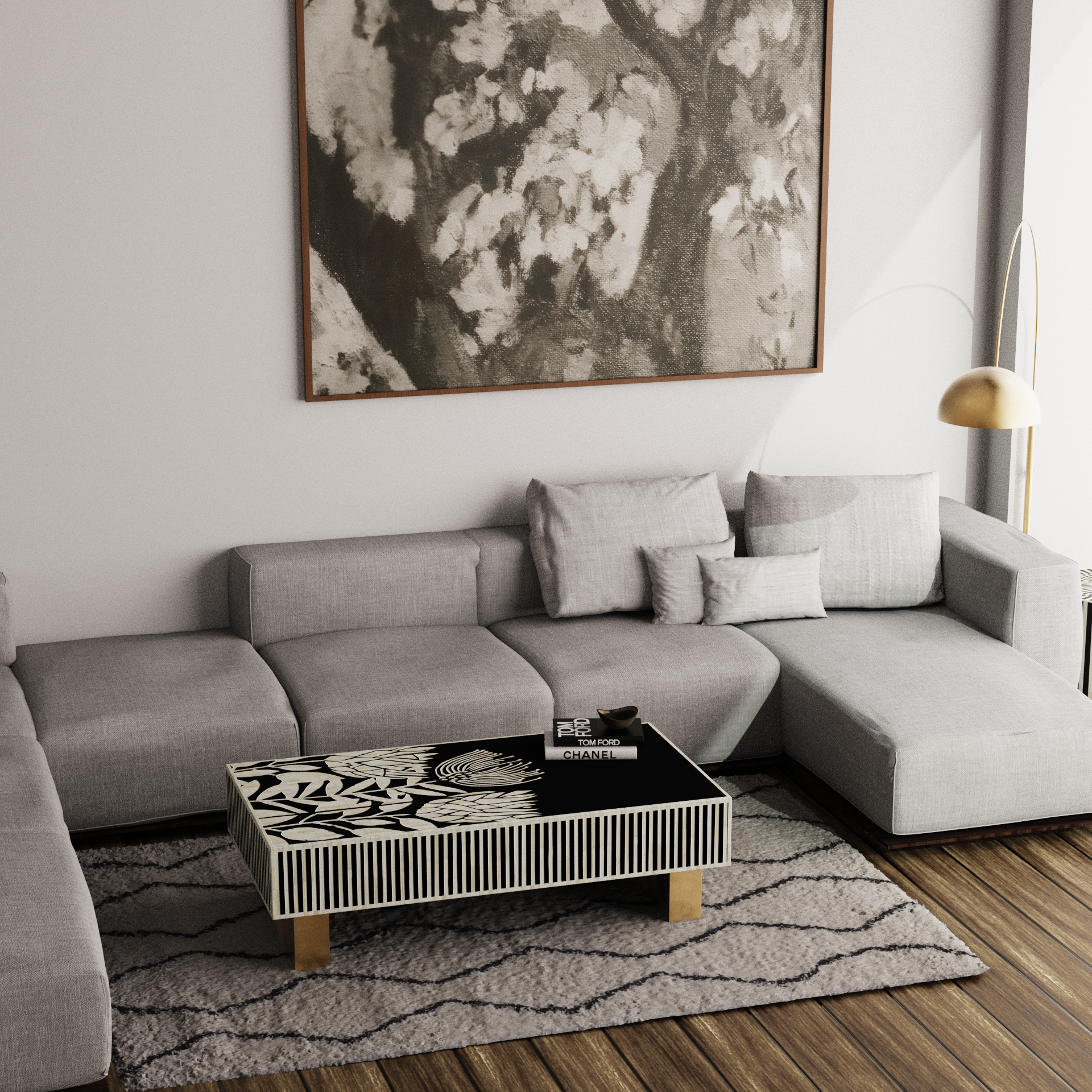 Artistic Tulip Bone Inlay Rectangular Coffee Table