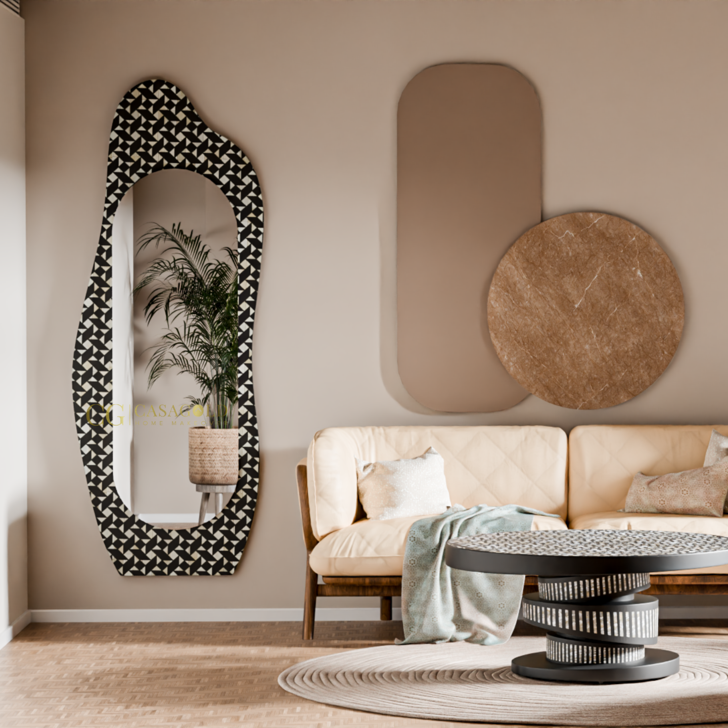 Full-length mirror with a curved black and white floral-patterned frame.