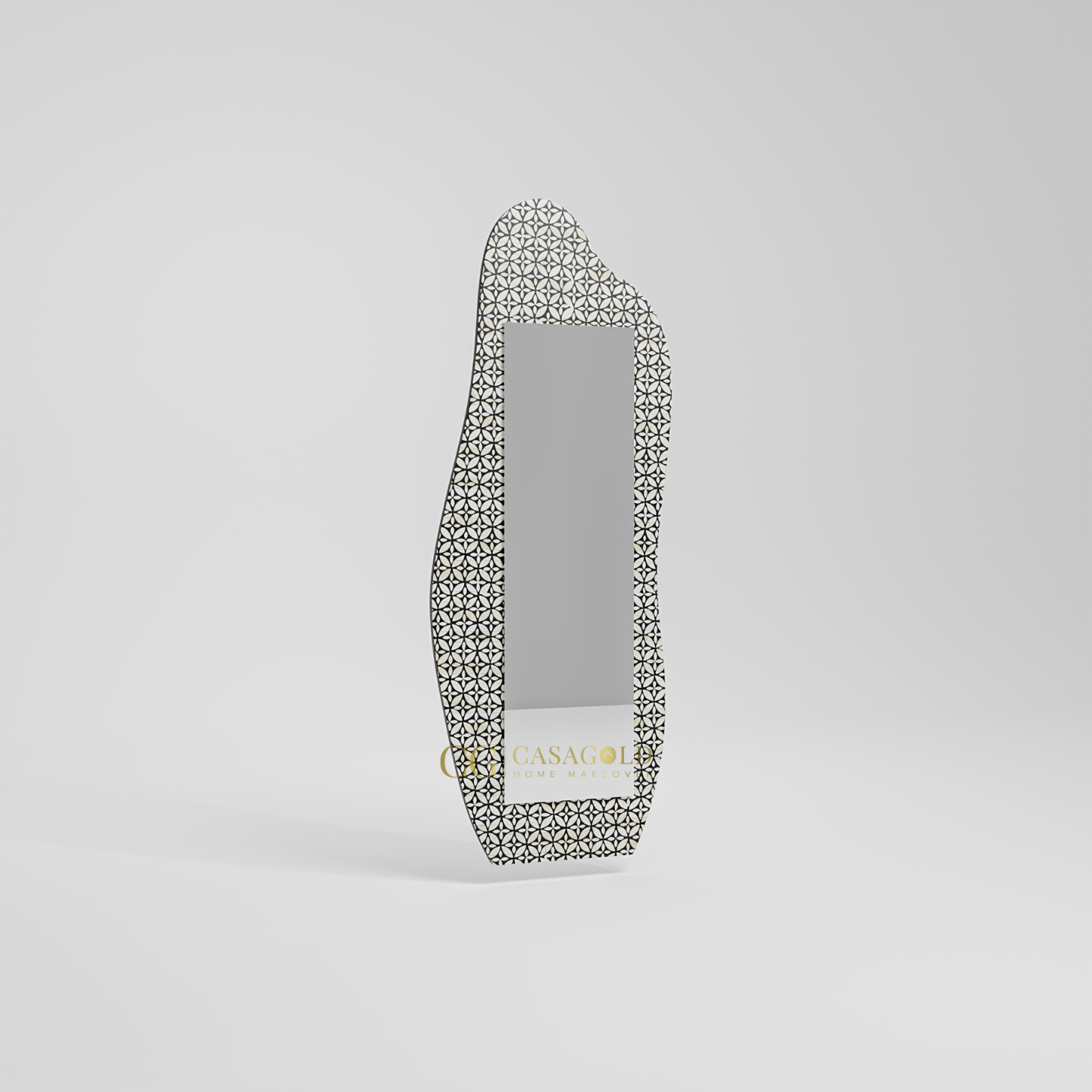 Uniquely shaped wall mirror with a decorative, patterned frame displayed on a computer screen.
