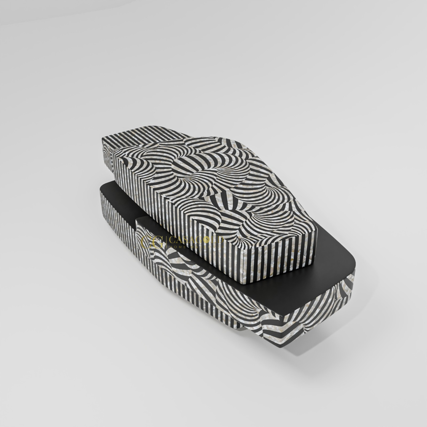 Sculptural coffee table using hypnotic wave and stripe patterns in a three-tier asymmetrical layout.