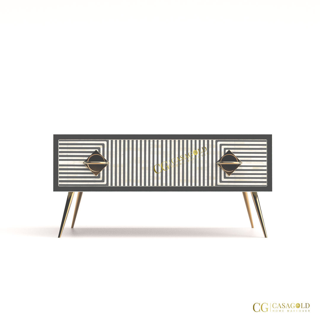 Black Bone Inlay Rectangular Table with Chevron Pattern