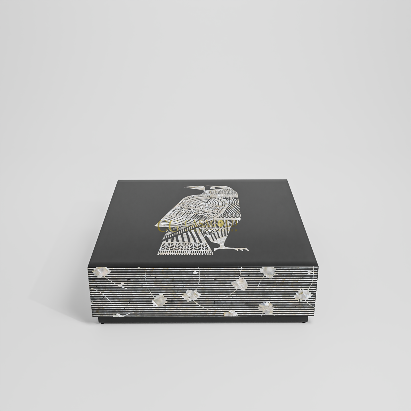 Elegant coffee table with a black top and intricate avian motif, complemented by striped and floral side panels.