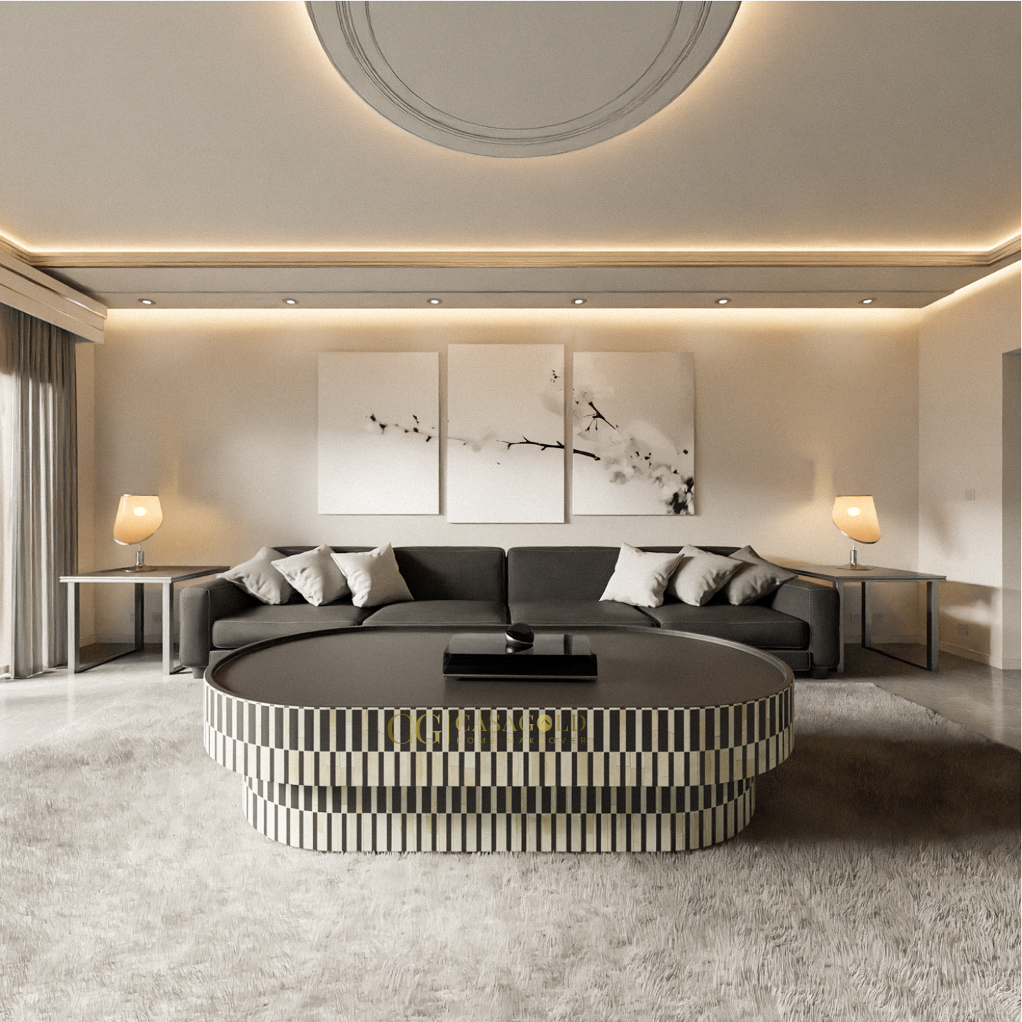 Black-and-white Bone Inlay Oval Coffee Table