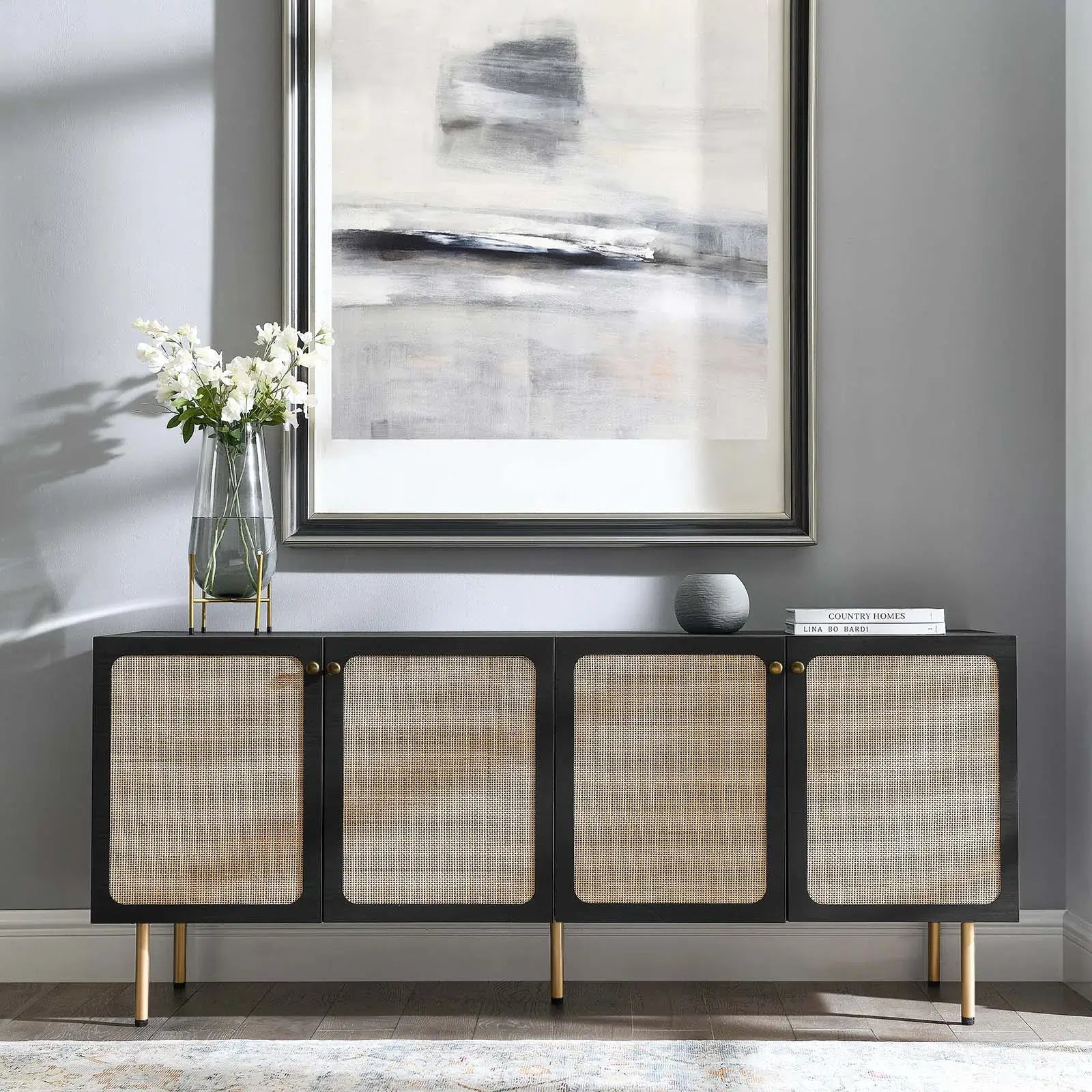 Black-framed rattan cabinet for chic storage