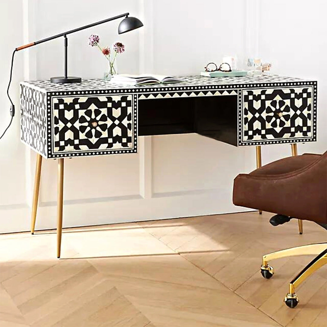 Black & Gold Accent Bone Inlay Desk with Drawers