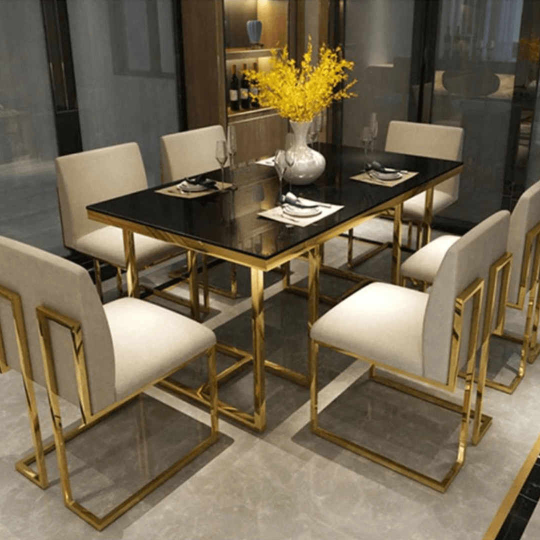 Black Marble Top Dining Table with Gold Base for Elegant Dining Spaces