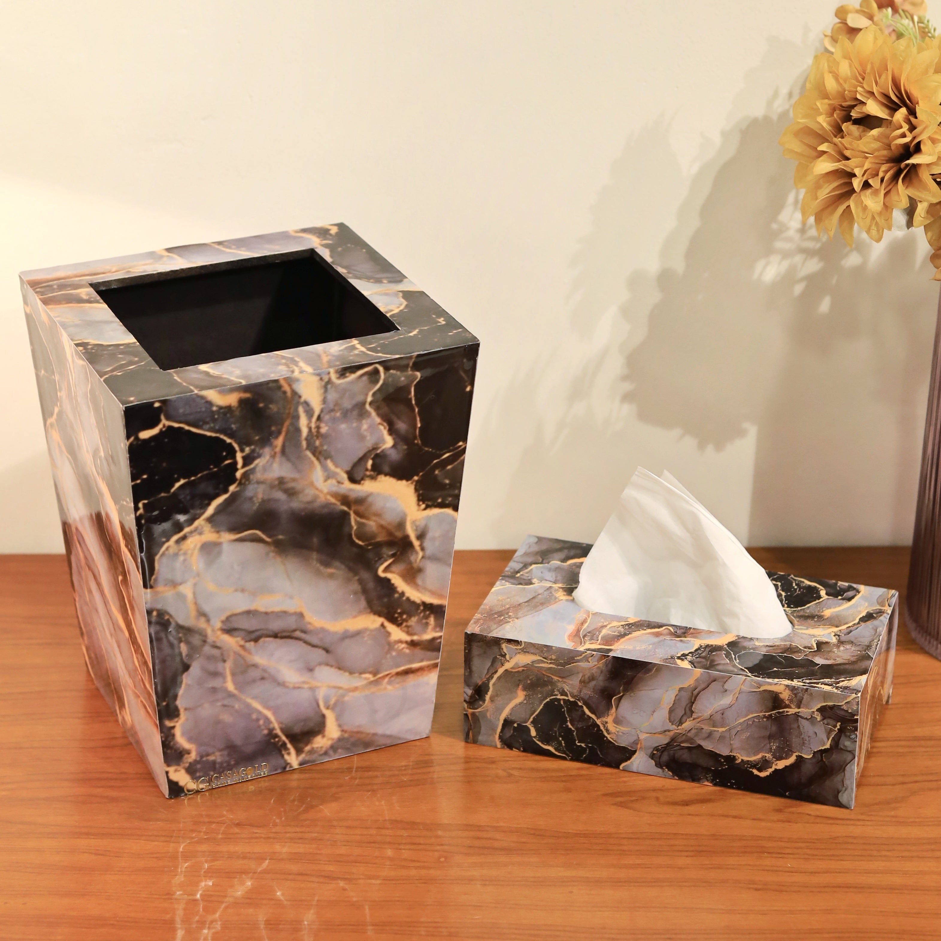 Black Marble dustbin with a sleek and shiny finish