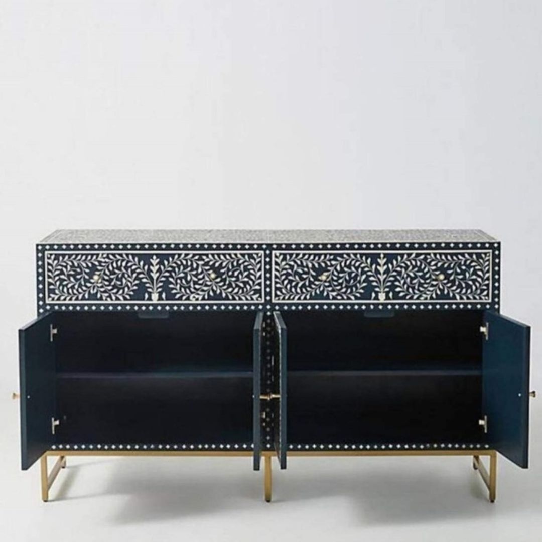 Black mosaic bone inlay sideboard for contemporary spaces.