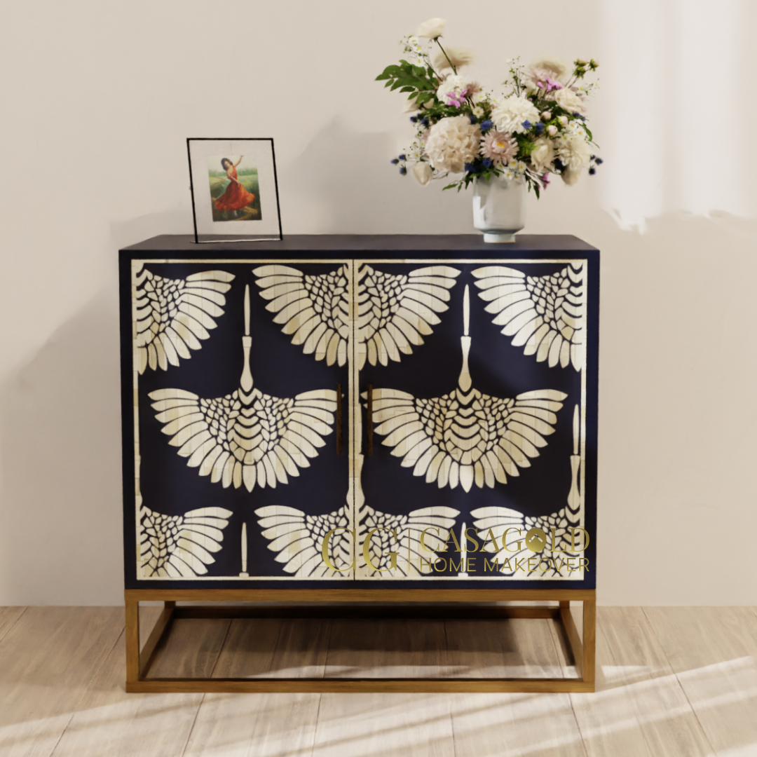 Black Phonixed Bone Inlay Storage Bar Cabinet