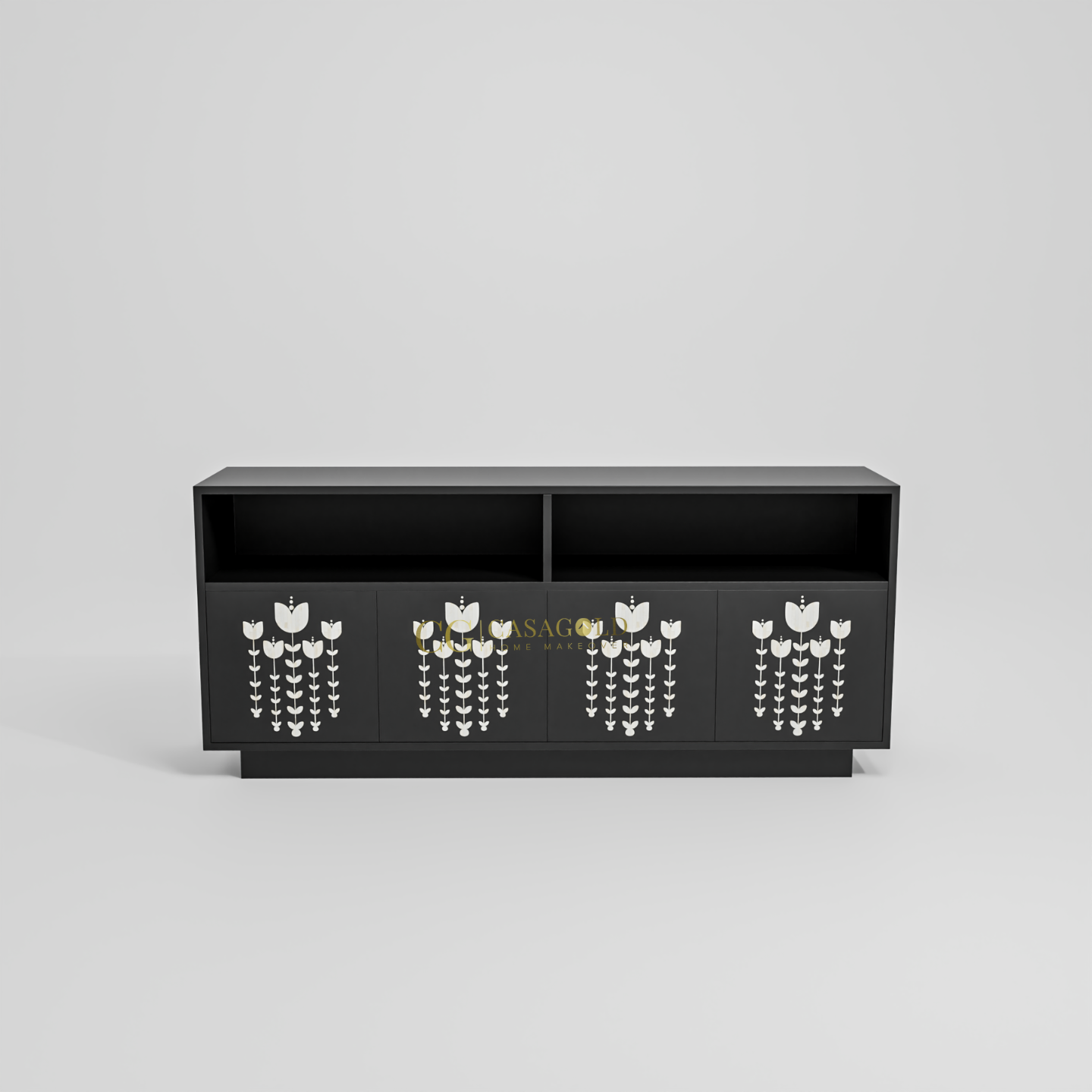 A low-profile black sideboard with four cabinet doors, each decorated with a tall, stylized white tulip pattern.
