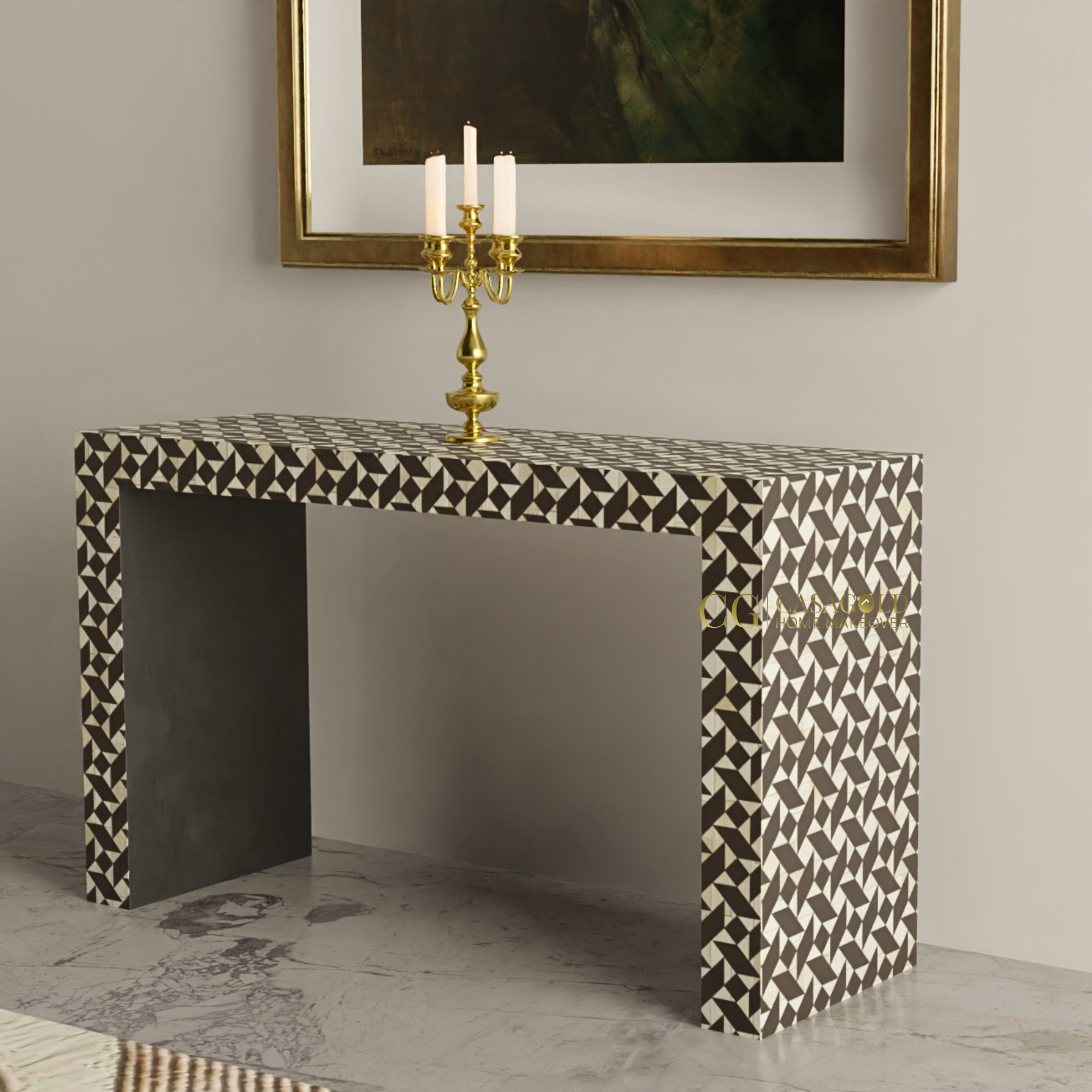 Monochrome bone inlay console table for contemporary homes