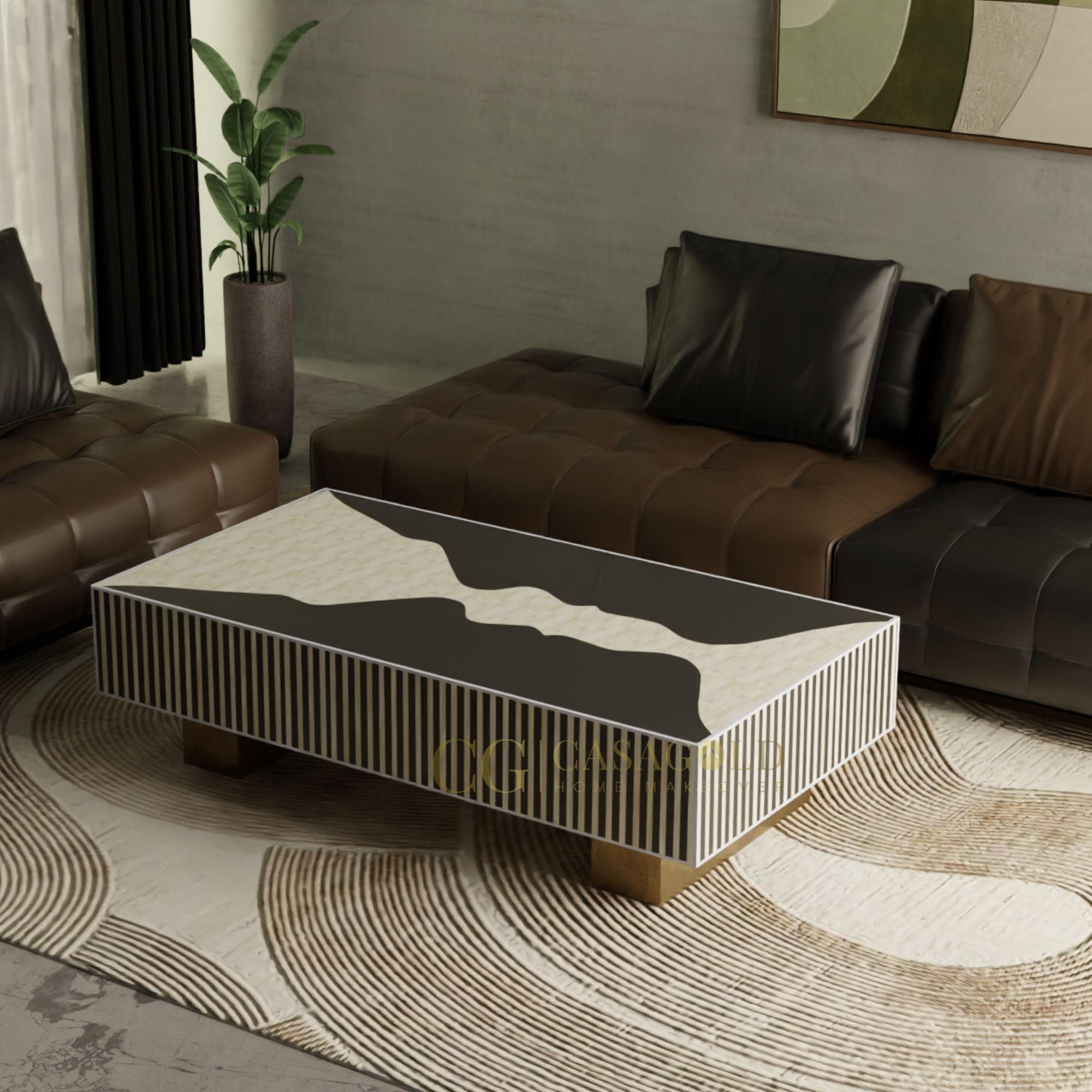 Black and White Bone Inlay Rectangular Coffee Table