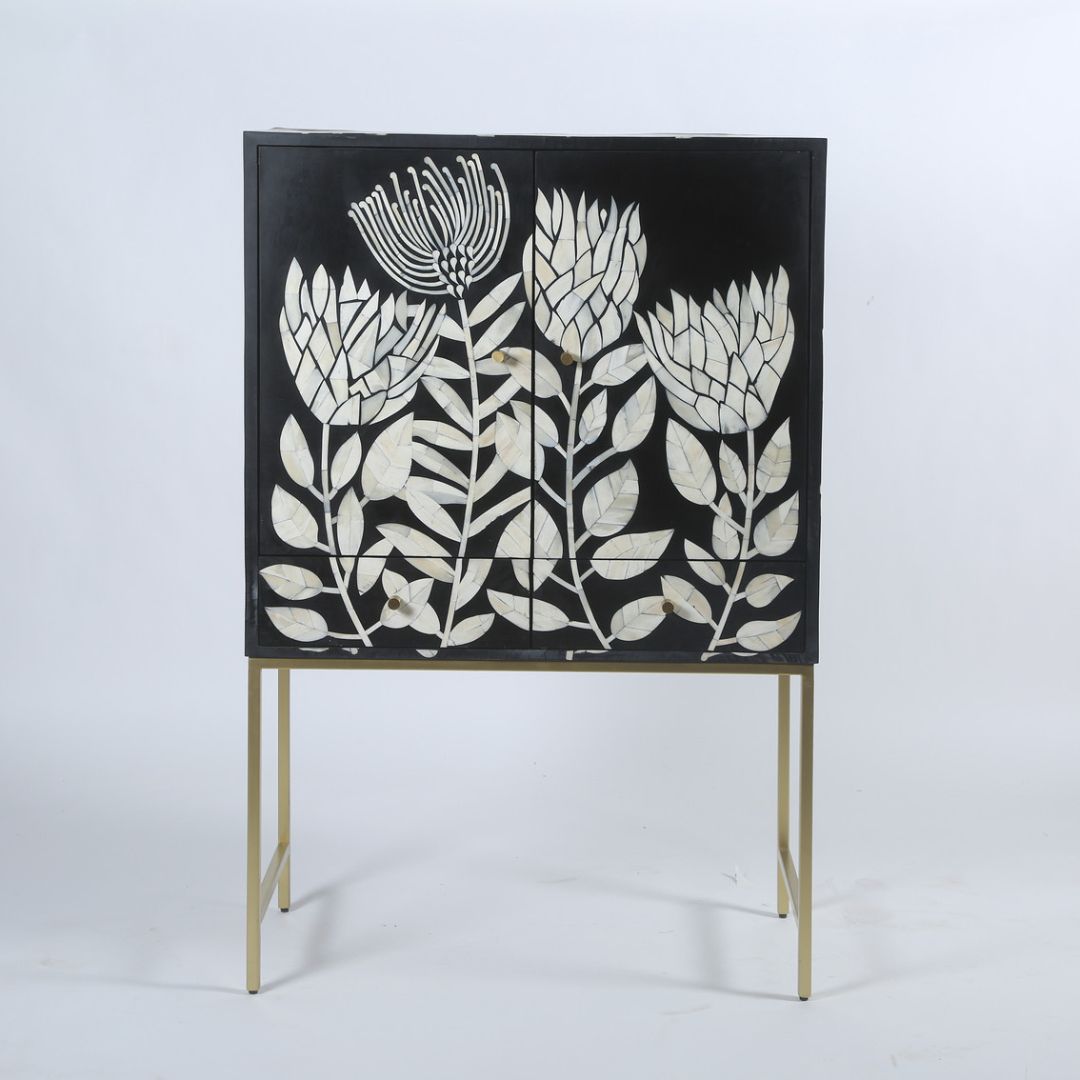 Black and white bone inlay storage cabinet for modern interiors.