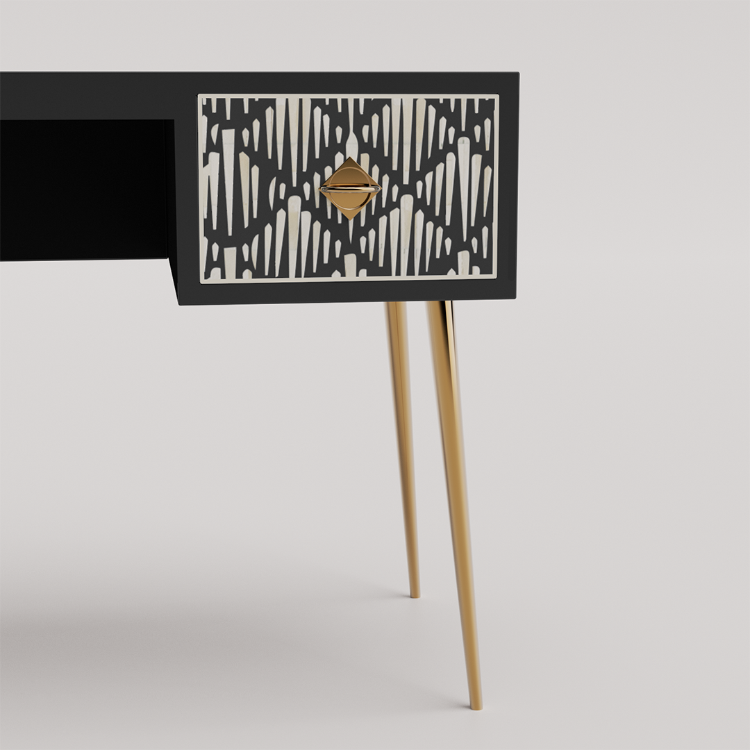 Black White and gold bone inlay writing desk with Morrisson detailing