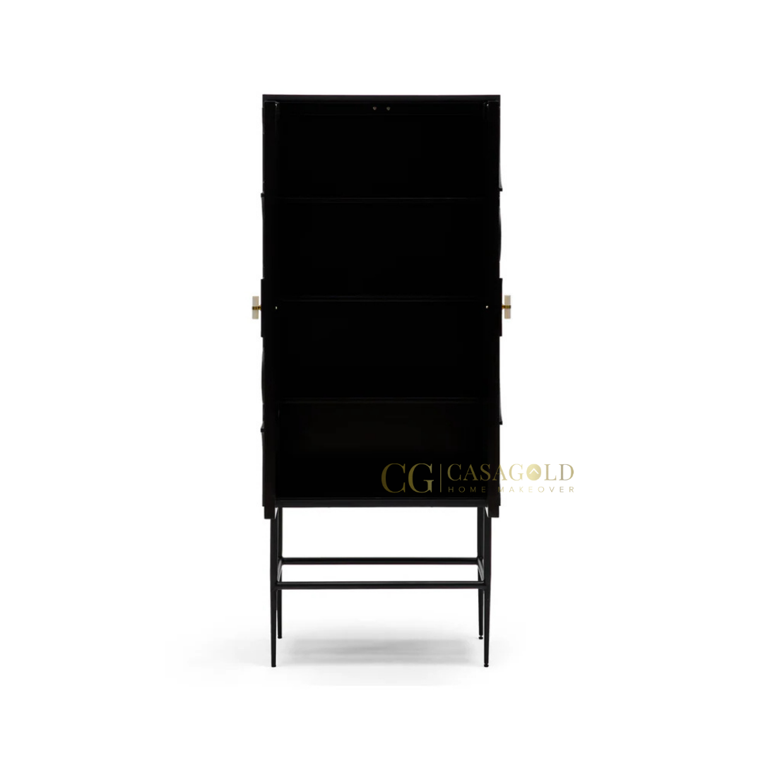 Freestanding modern cabinet with curved and circular design elements, placed against a neutral wall.