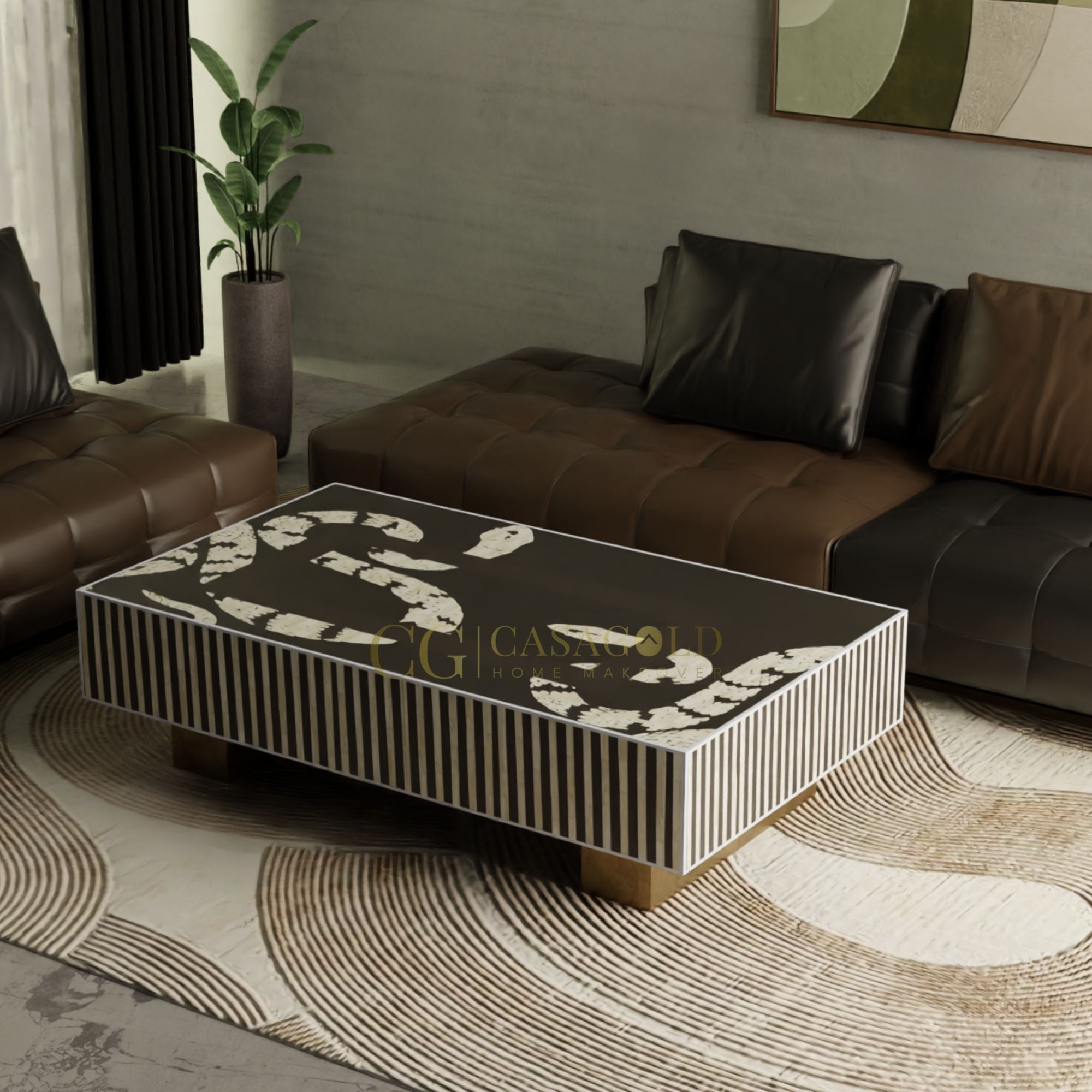 Black and White Bone Inlay Rectangular Coffee Table