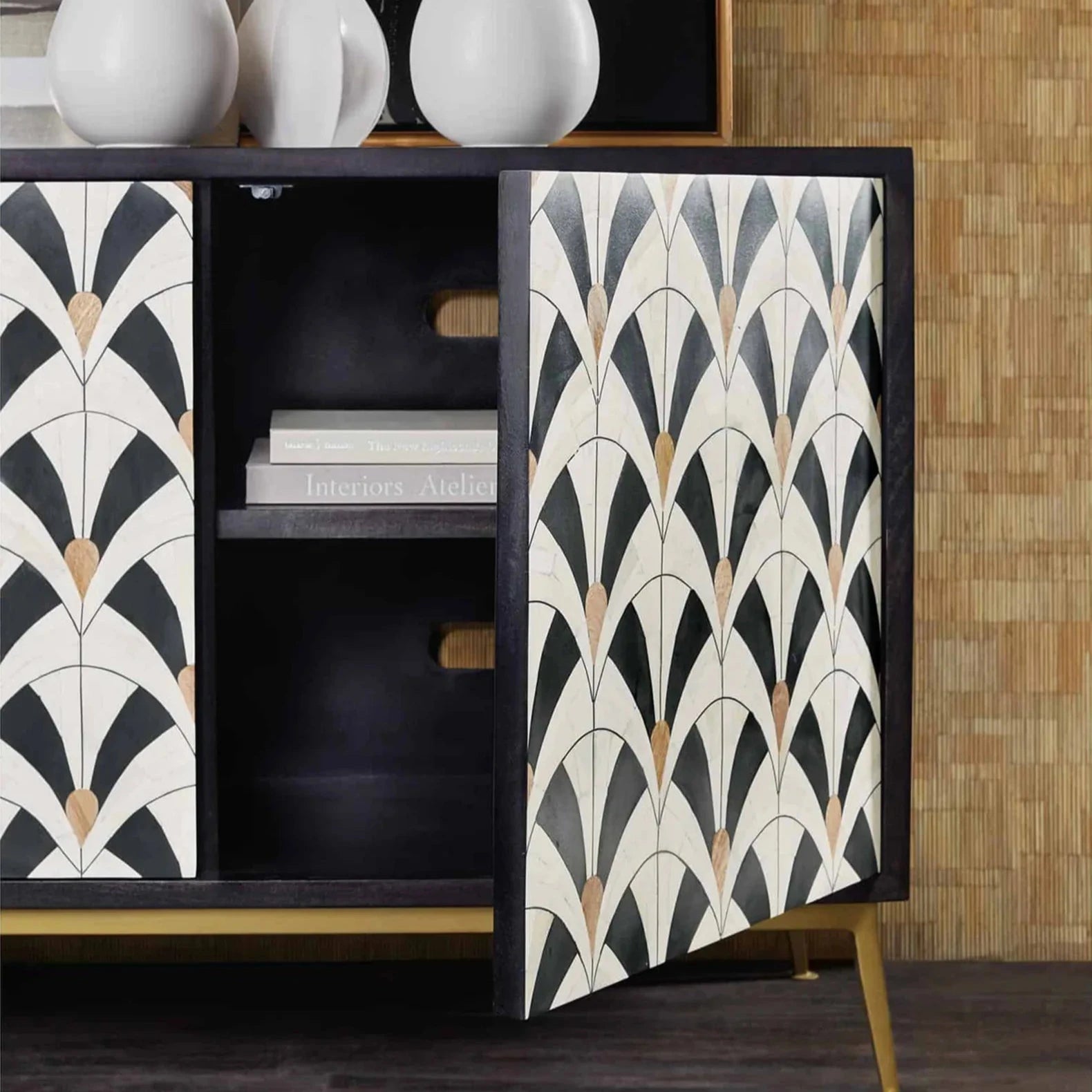 Black and white bone inlay sideboard for modern interiors.