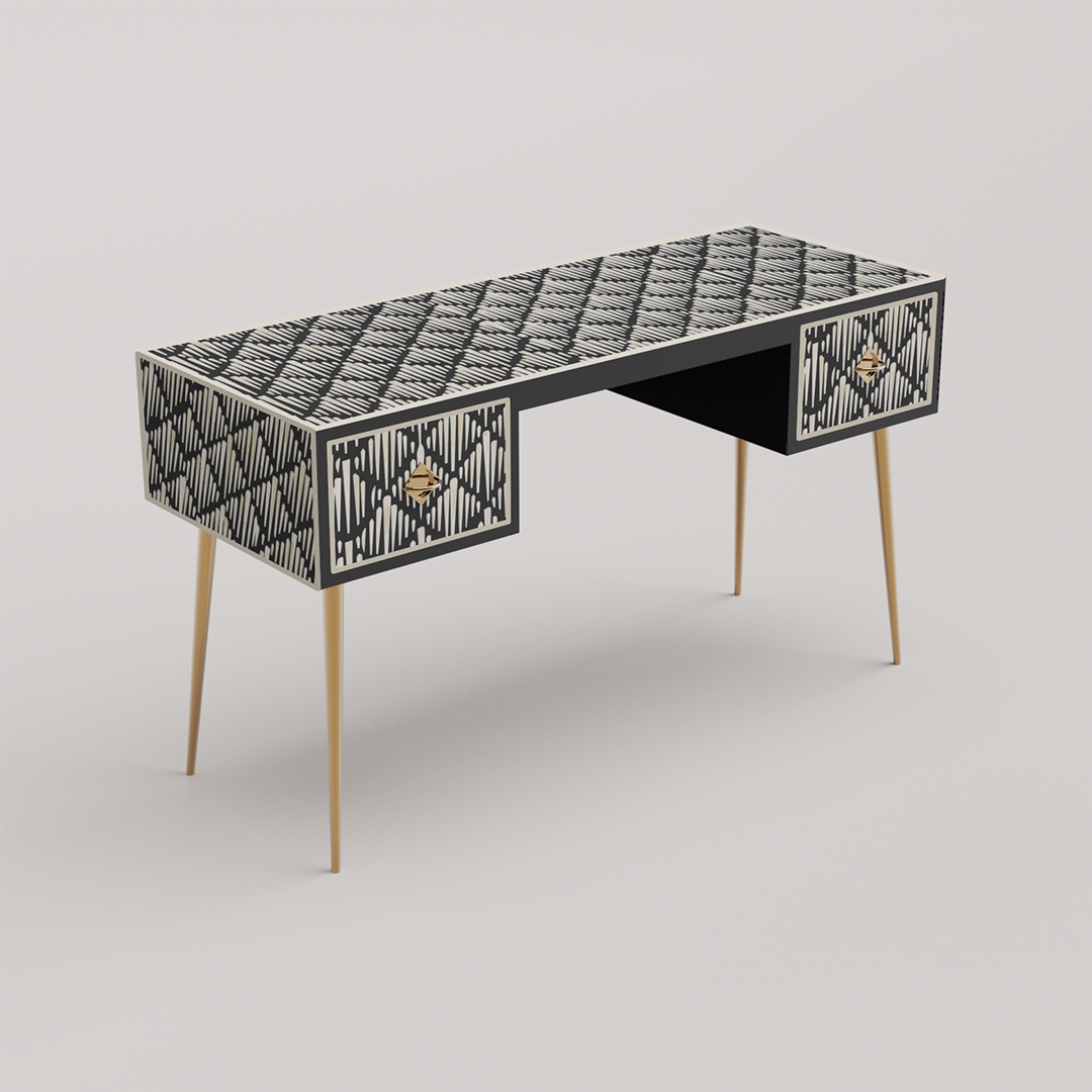 Black bone inlay study desk with intricate handcrafted patterns